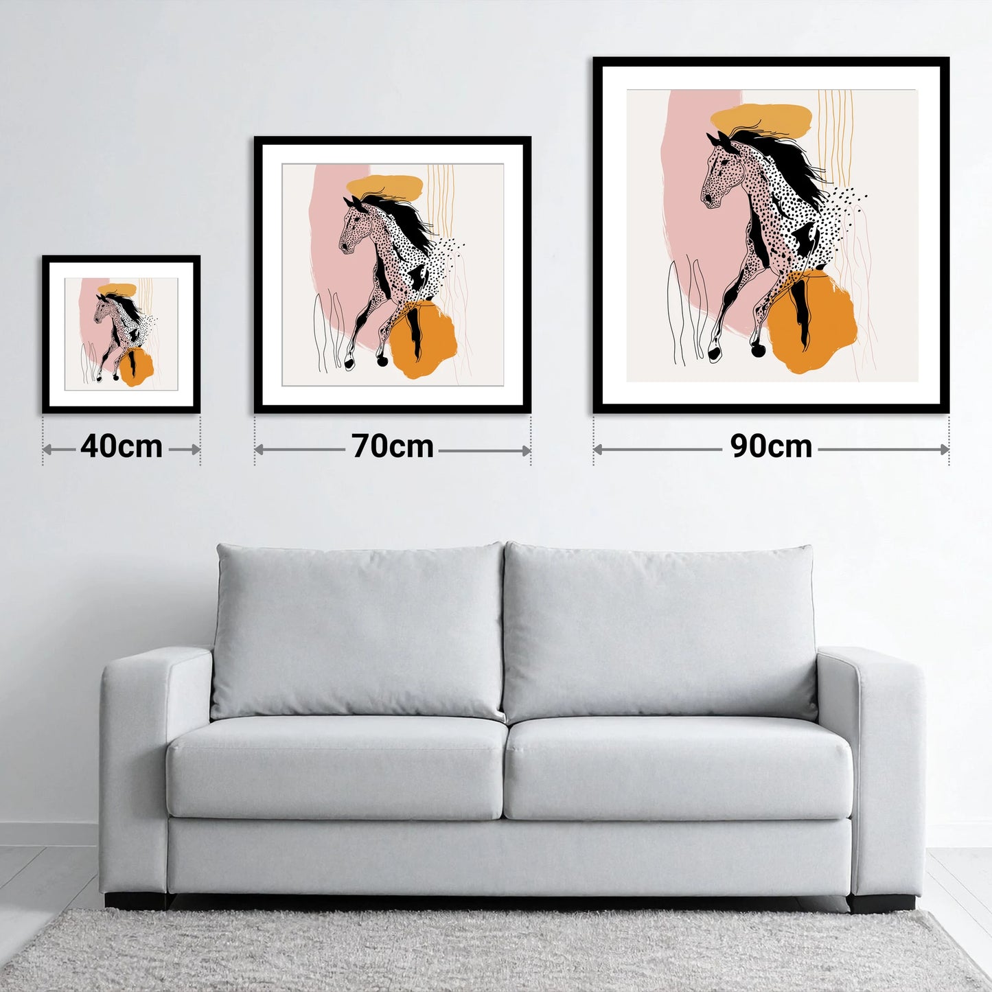 Contemporary Spotted Silhouette - size guide showing 40cm, 70cm and 90cm art prints