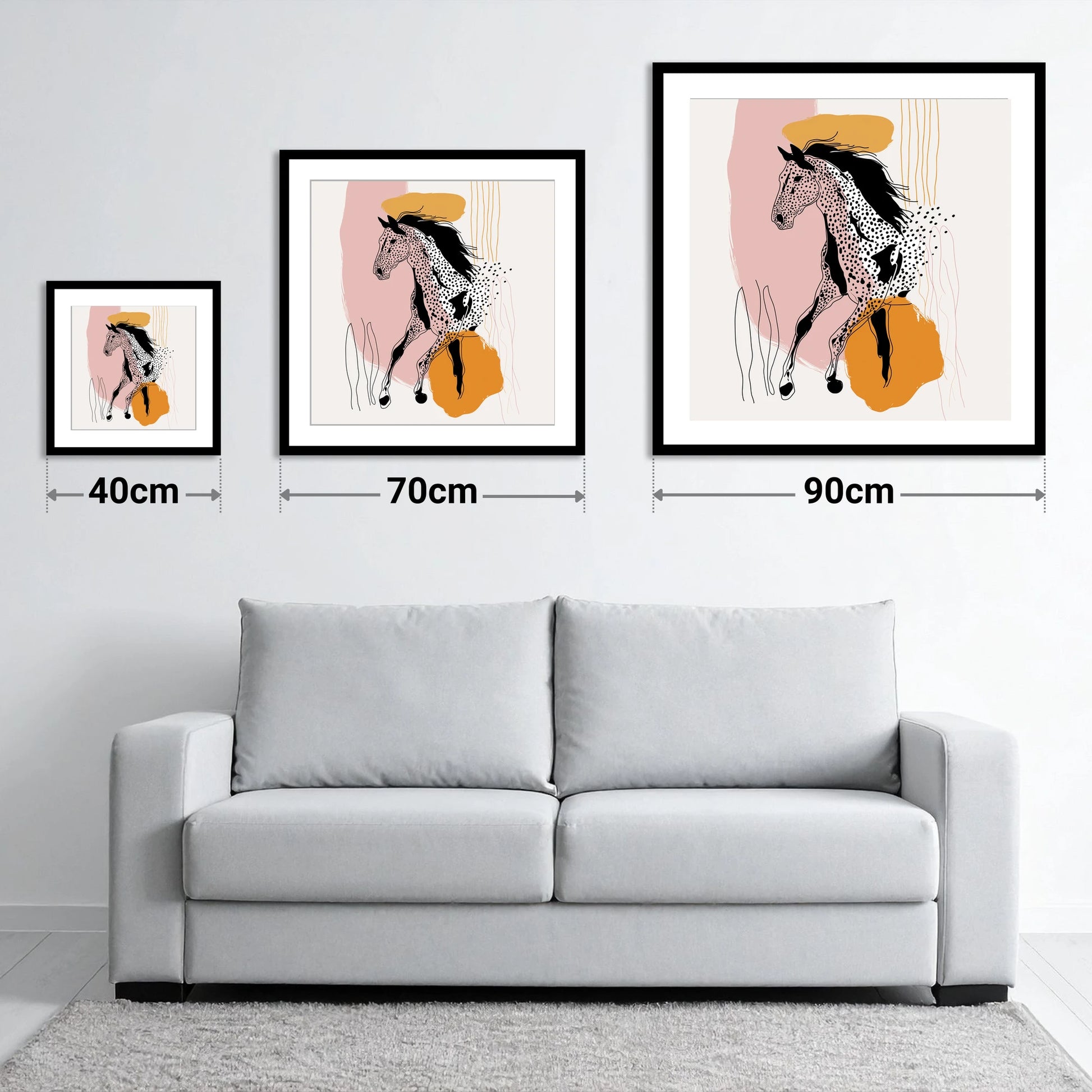 Contemporary Spotted Silhouette - size guide showing 40cm, 70cm and 90cm art prints