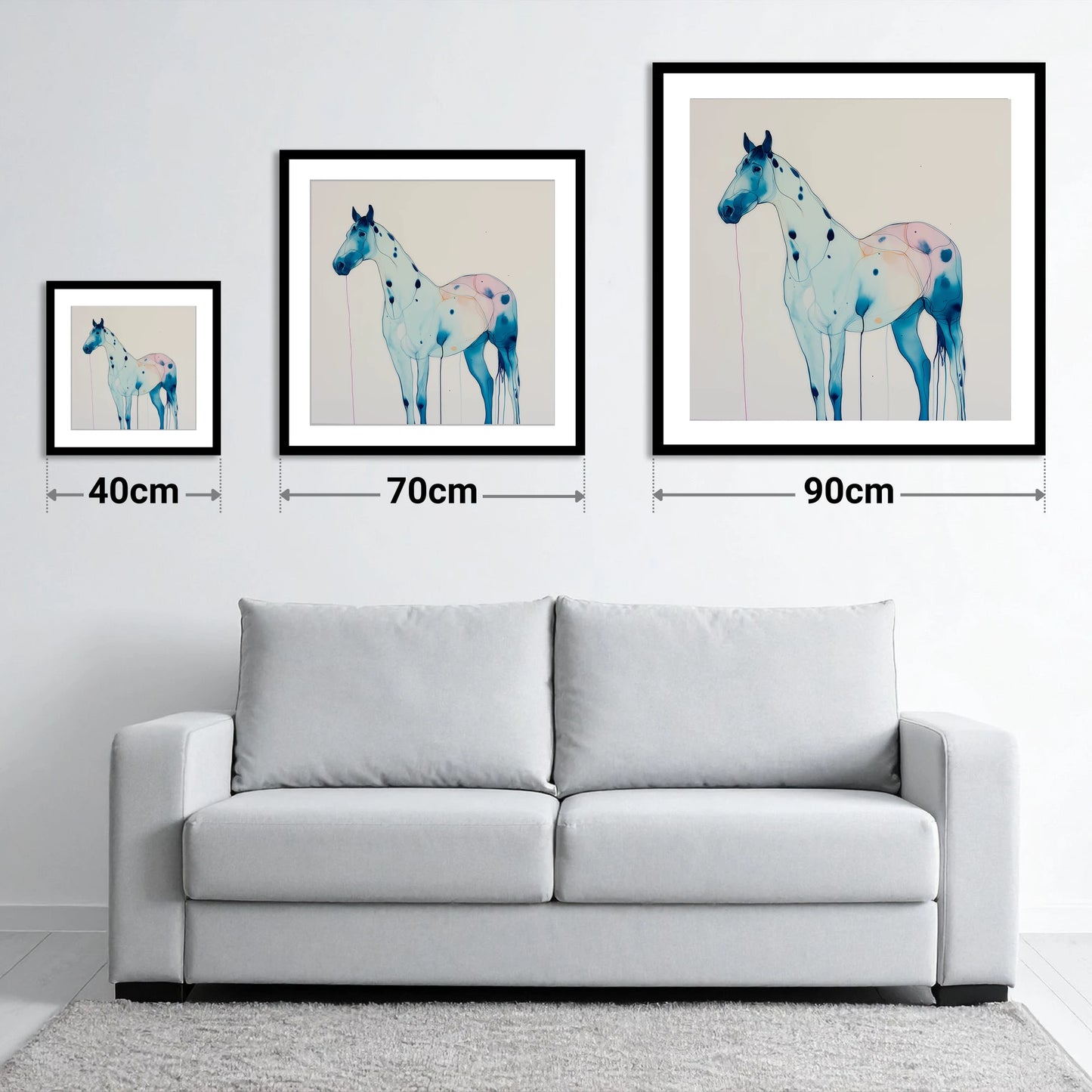 Ethereal Blue Appaloosa - size guide showing 40cm, 70cm and 90cm art prints