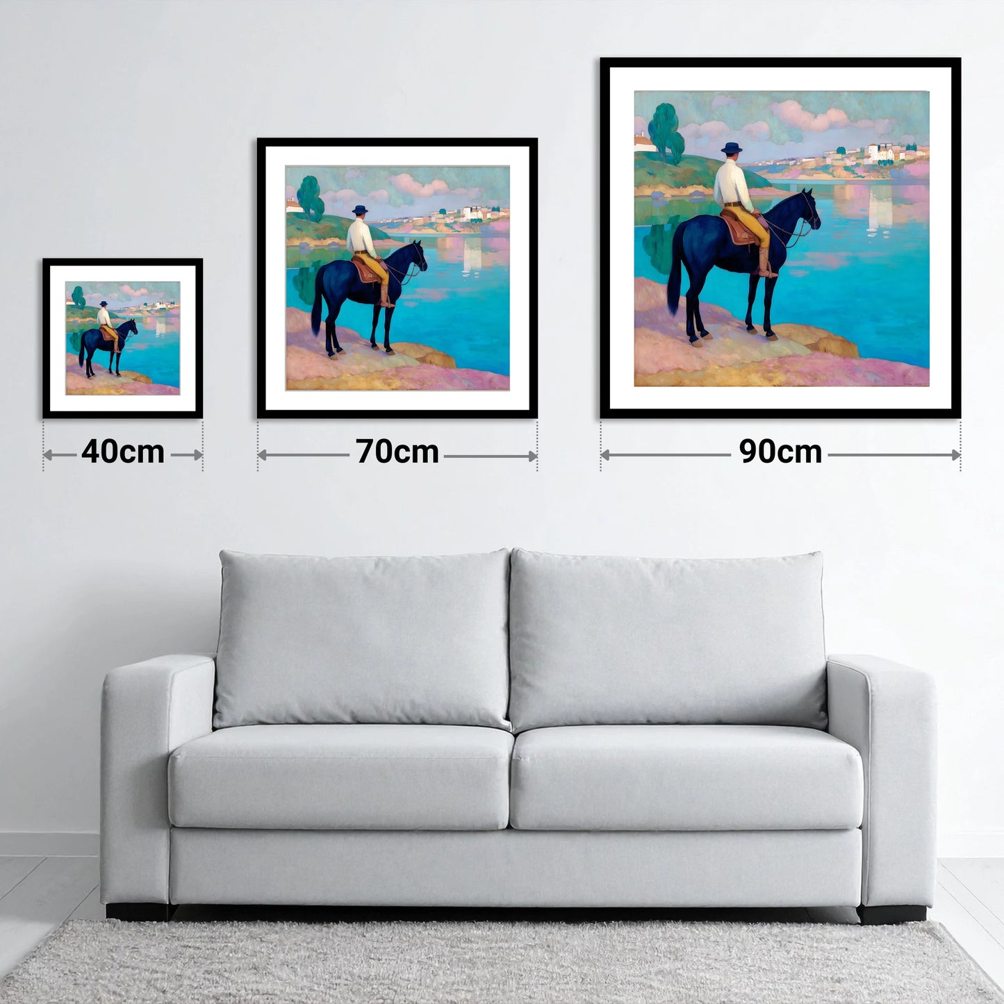 Gazing Across Vivid Waters - size guide showing 40cm, 70cm and 90cm art prints