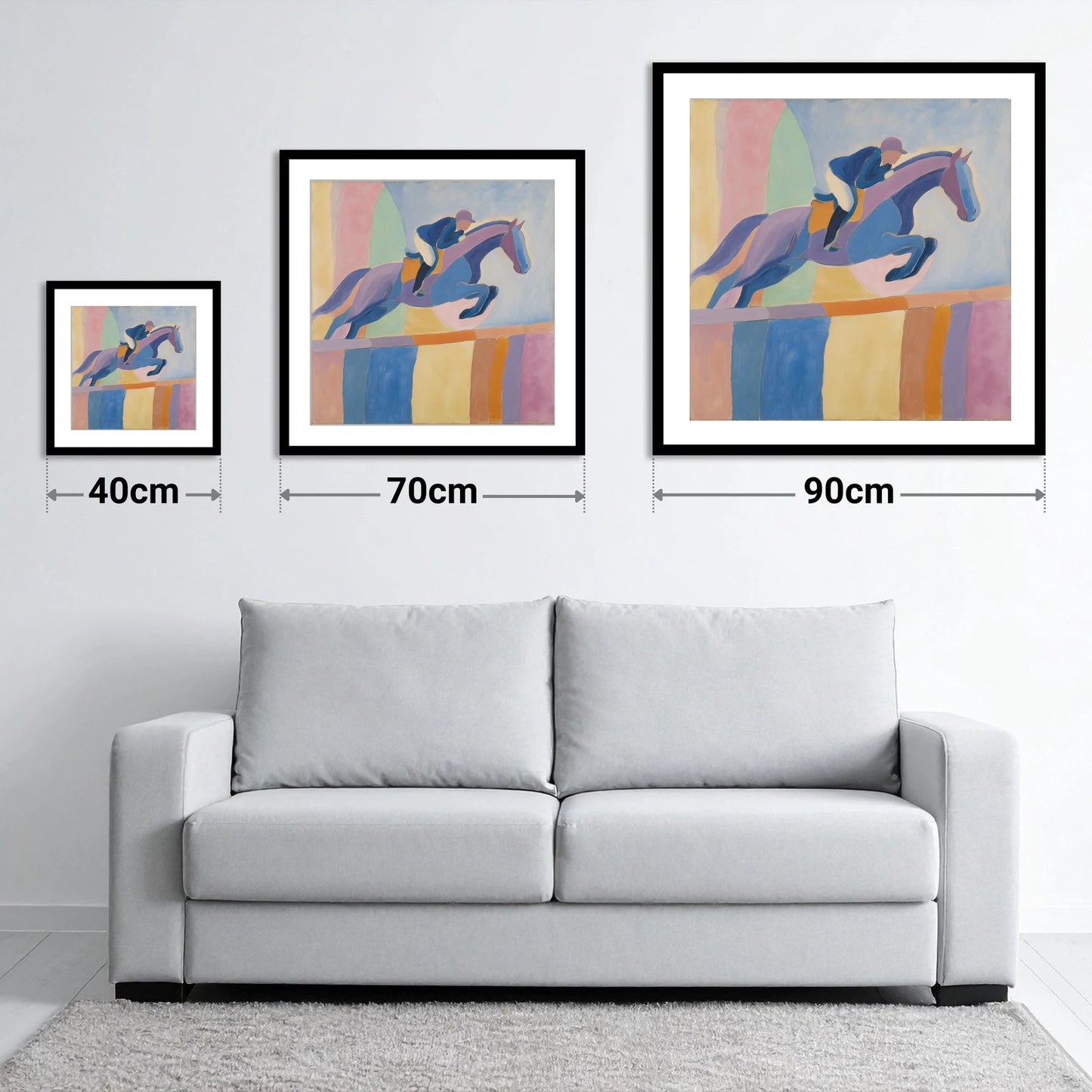 Harmonious Leap - size guide showing 40cm, 70cm and 90cm art prints
