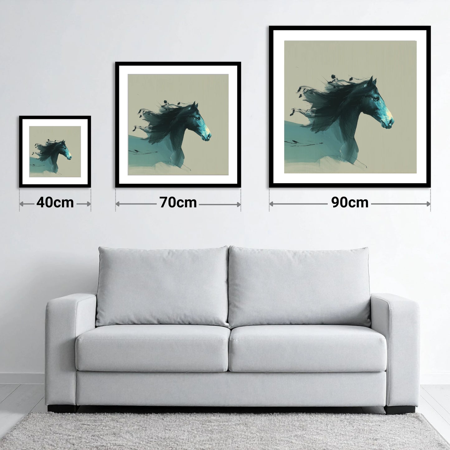 Windswept in Teal - size guide showing 40cm, 70cm and 90cm art prints