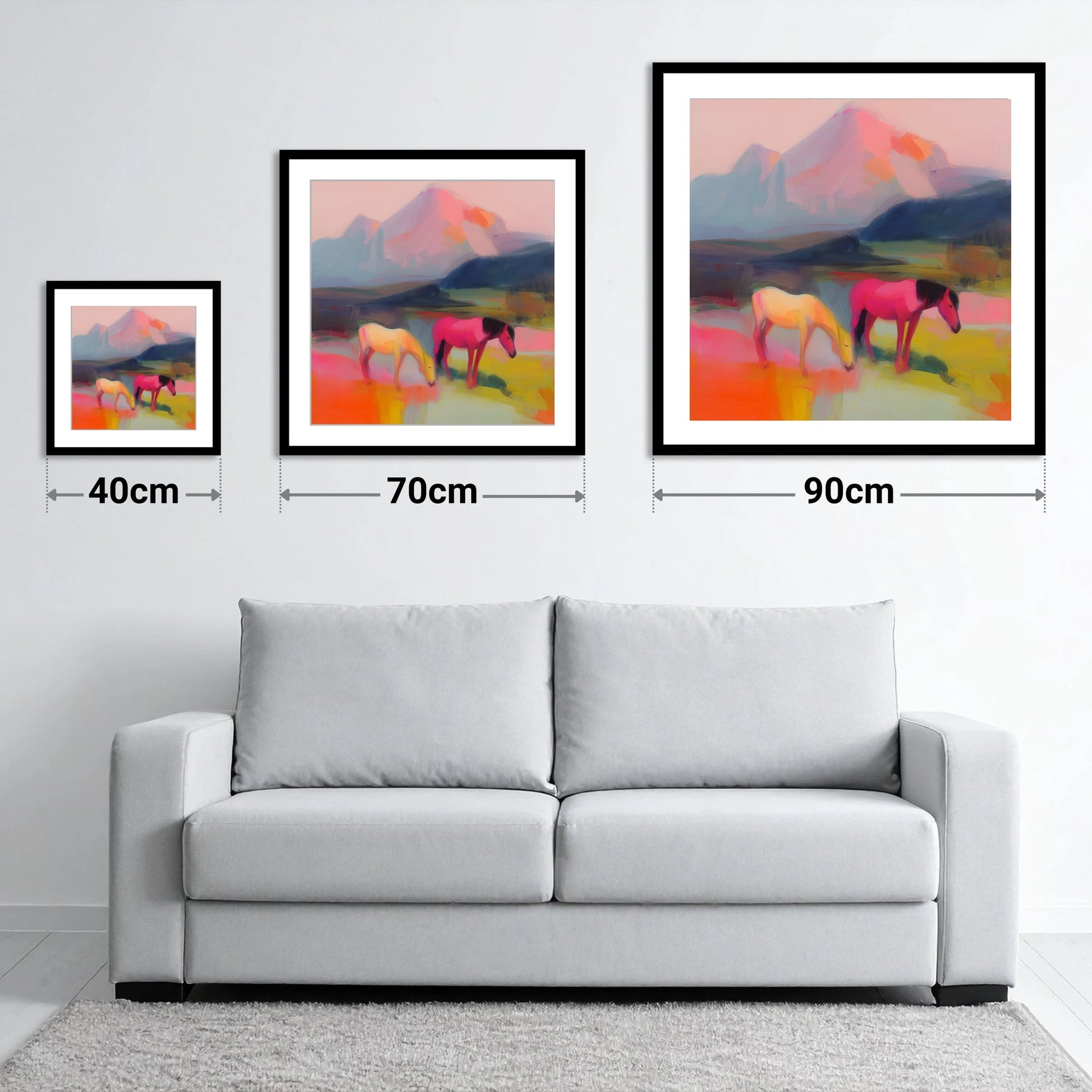 Vivid Mountain Pasture - size guide showing 40cm, 70cm and 90cm art prints