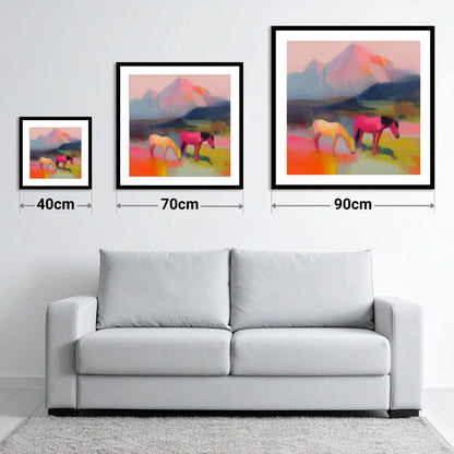 Vivid Mountain Pasture - size guide showing 40cm, 70cm and 90cm art prints