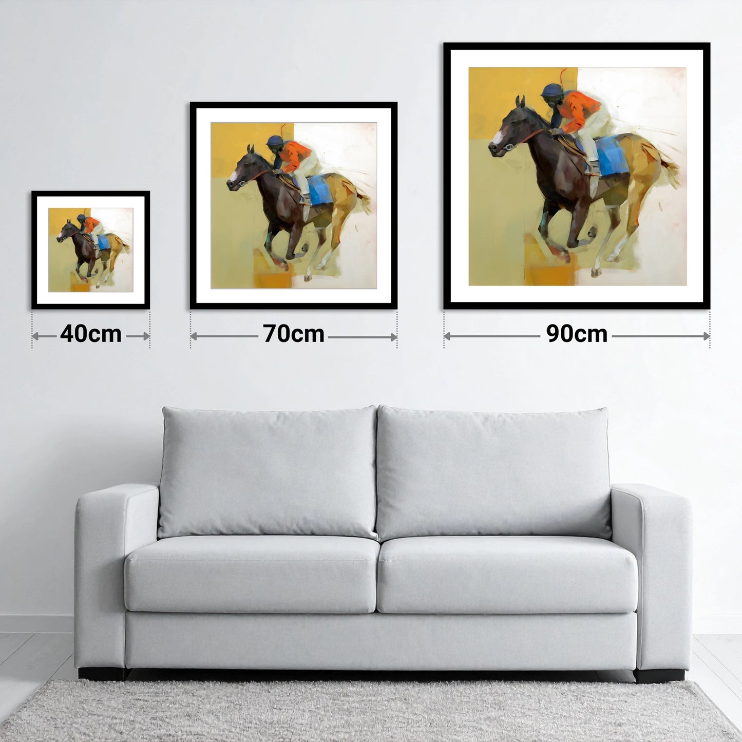 Full Stretch Momentum - size guide showing 40cm, 70cm and 90cm art prints