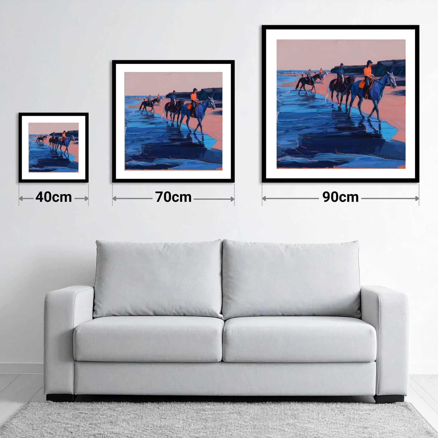Twilight Coastal Hack - size guide showing 40cm, 70cm and 90cm art prints
