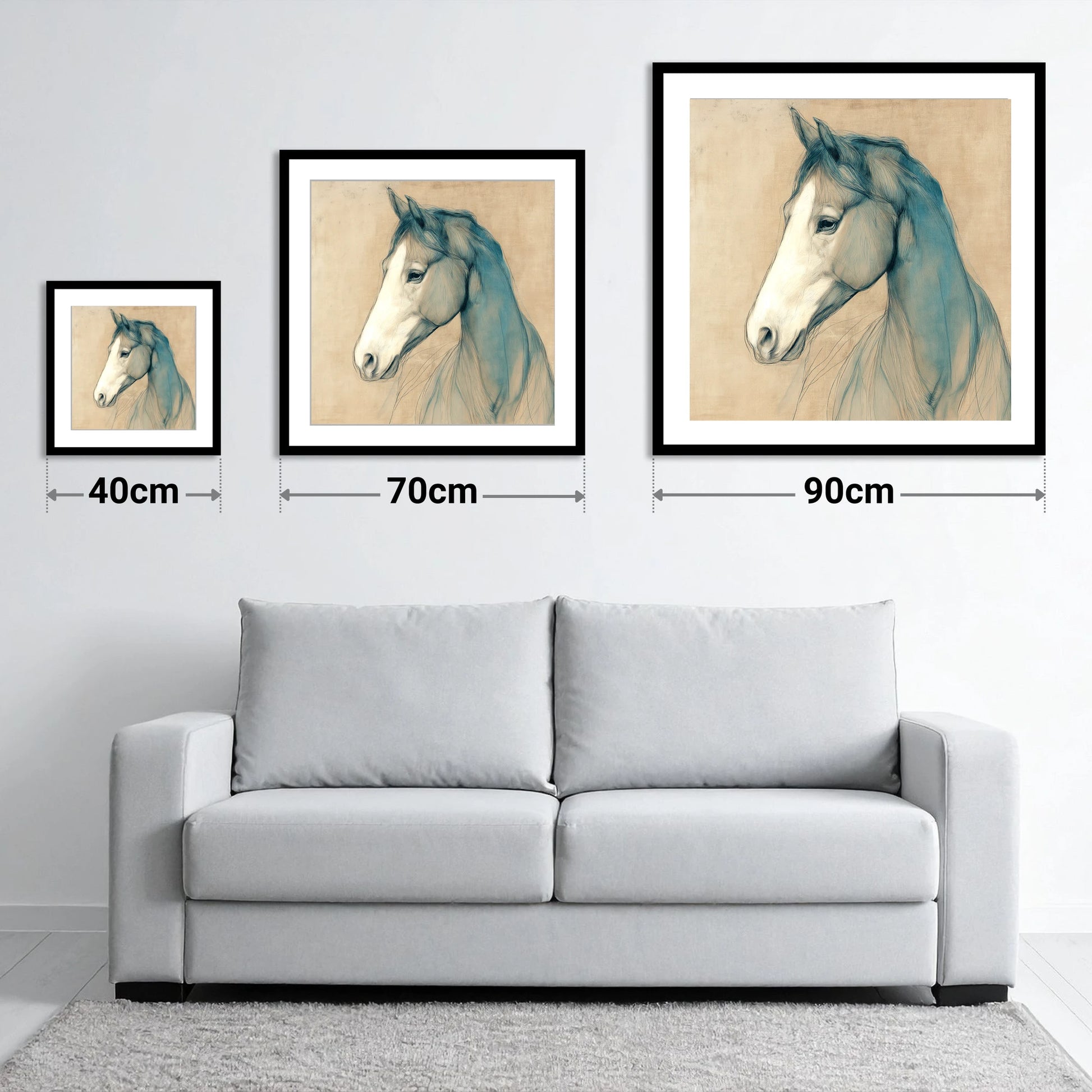 Teal Equine Study - size guide showing 40cm, 70cm and 90cm art prints