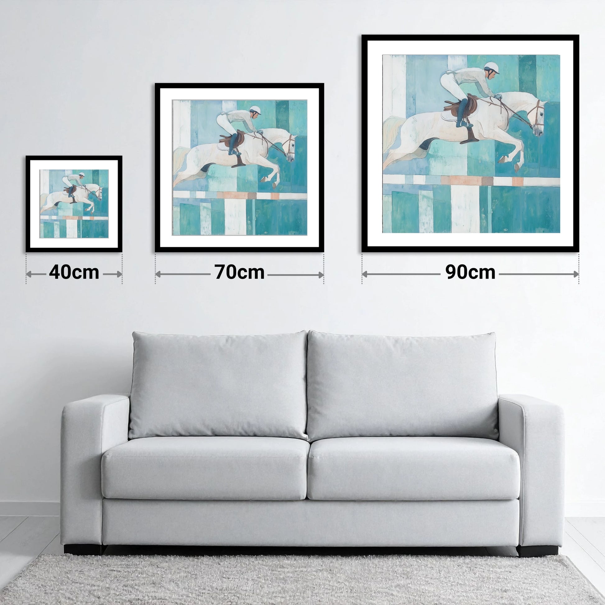 Aquamarine Ascent - size guide showing 40cm, 70cm and 90cm art prints