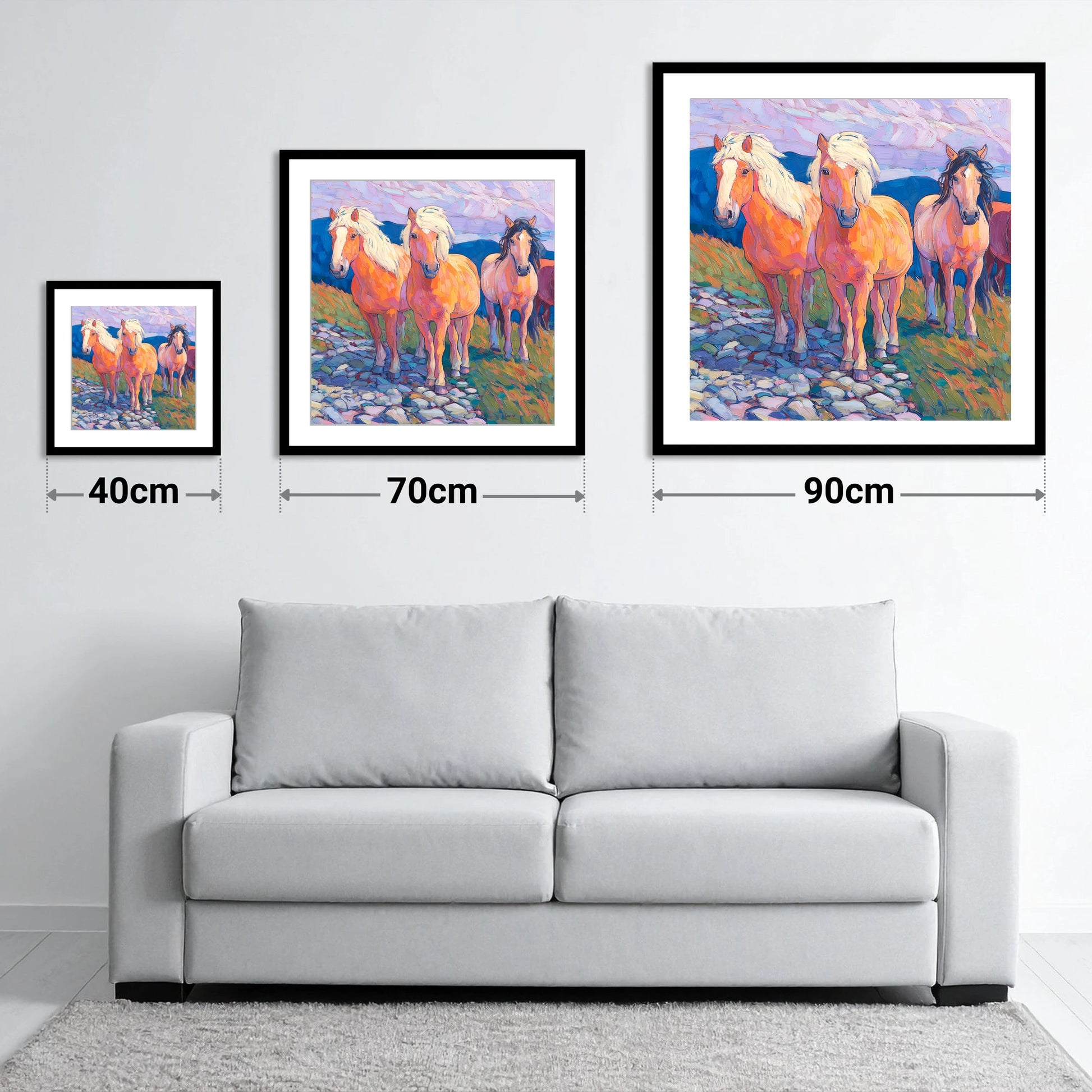 Painted Highland Herd - size guide showing 40cm, 70cm and 90cm art prints