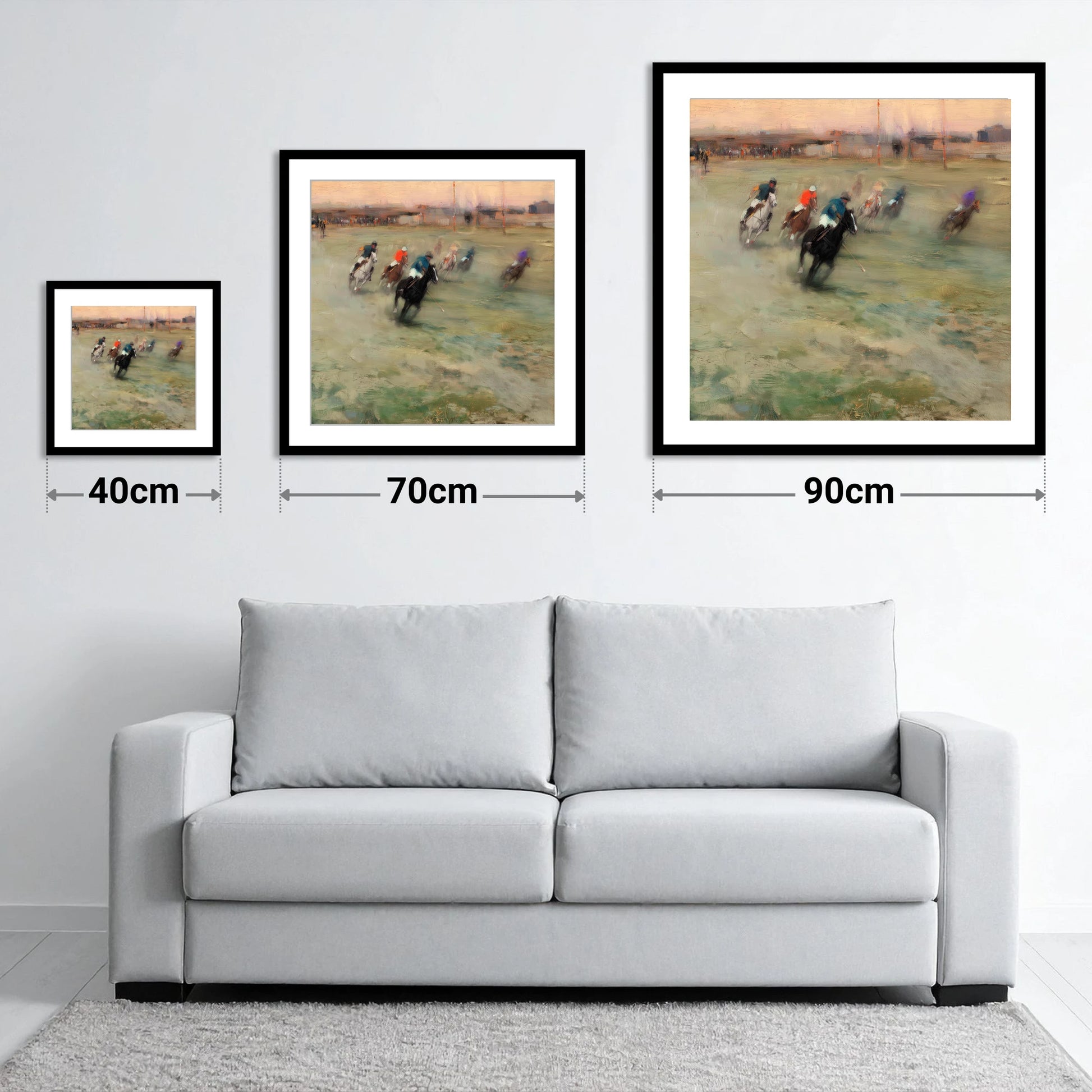 The Heat of the Chukka - size guide showing 40cm, 70cm and 90cm art prints