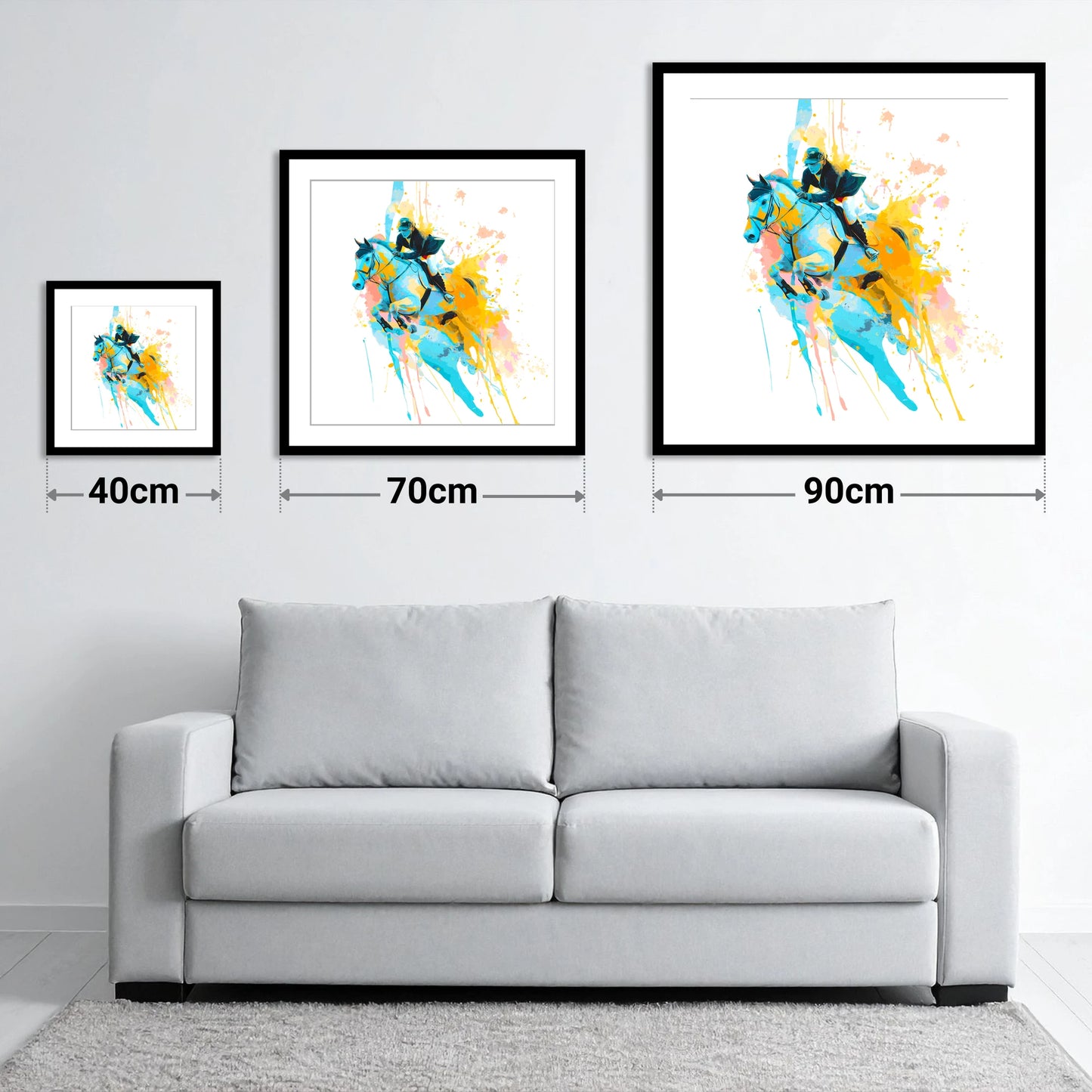 Airborne In Colour - size guide showing 40cm, 70cm and 90cm art prints