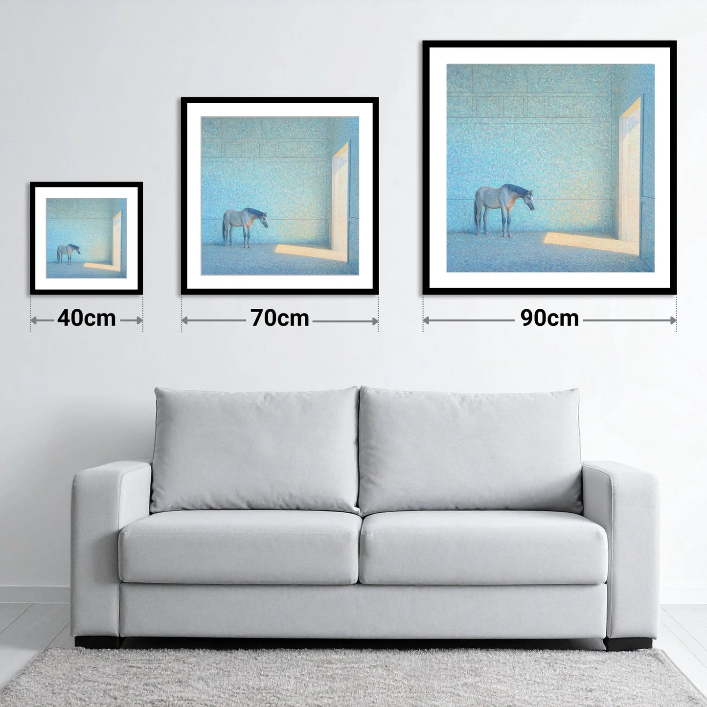 Luminous Grey - size guide showing 40cm, 70cm and 90cm art prints