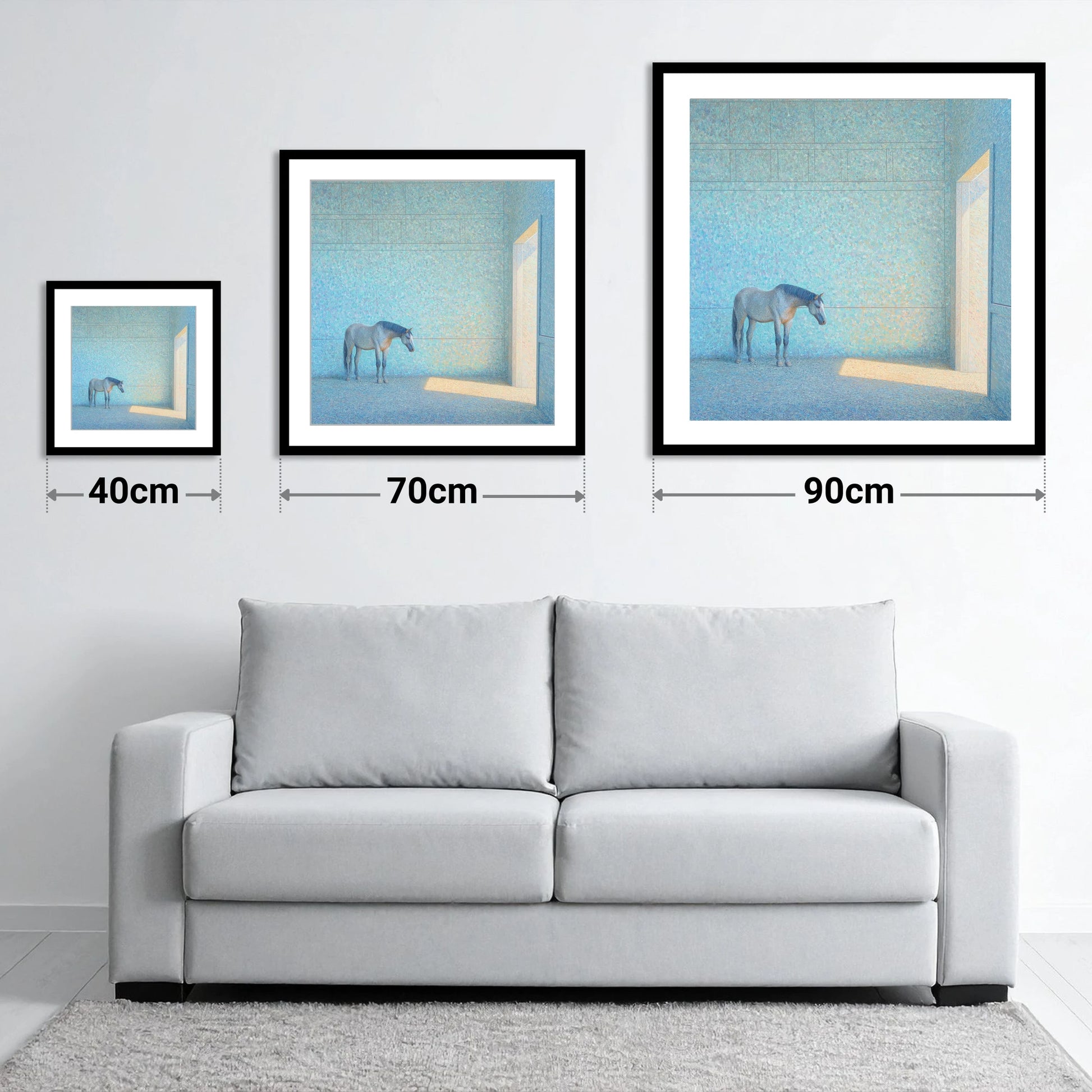Luminous Grey - size guide showing 40cm, 70cm and 90cm art prints