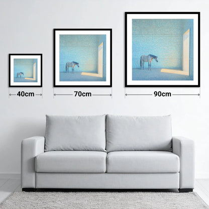 Luminous Grey - size guide showing 40cm, 70cm and 90cm art prints
