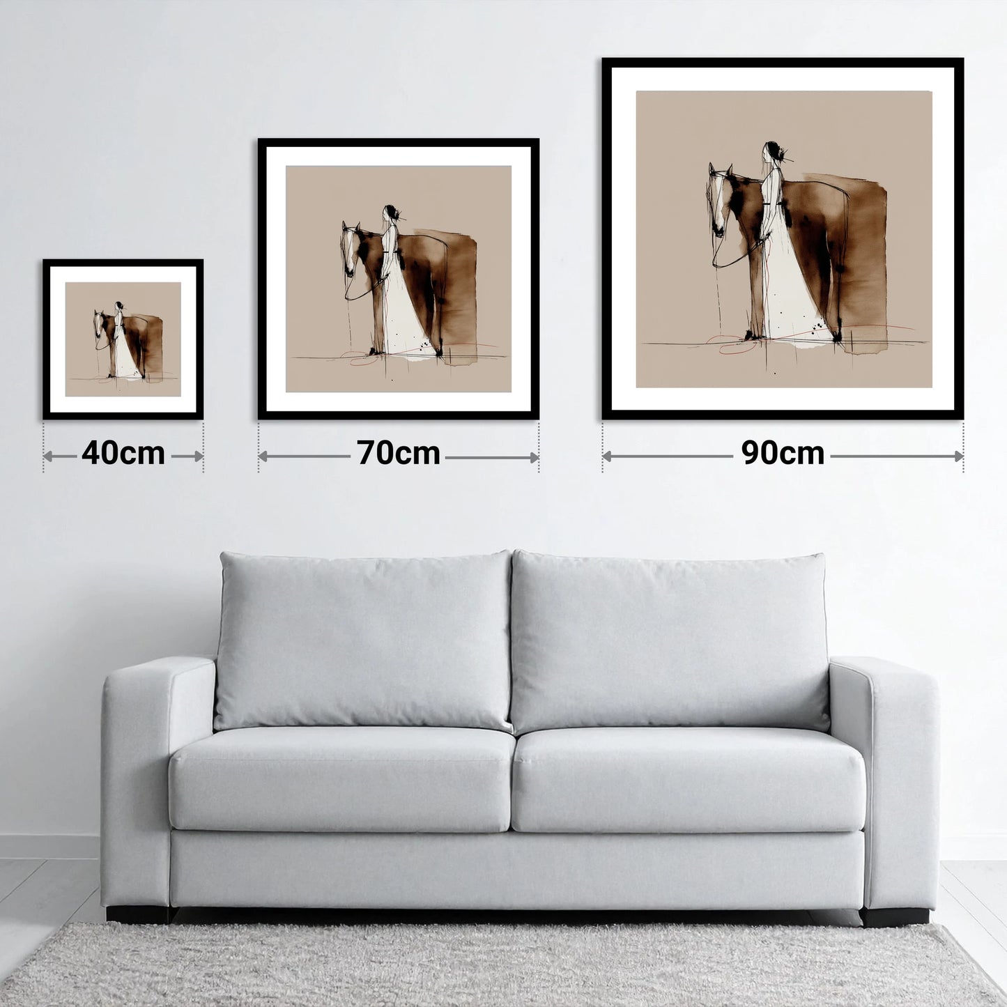 Silent Partnership - size guide showing 40cm, 70cm and 90cm art prints
