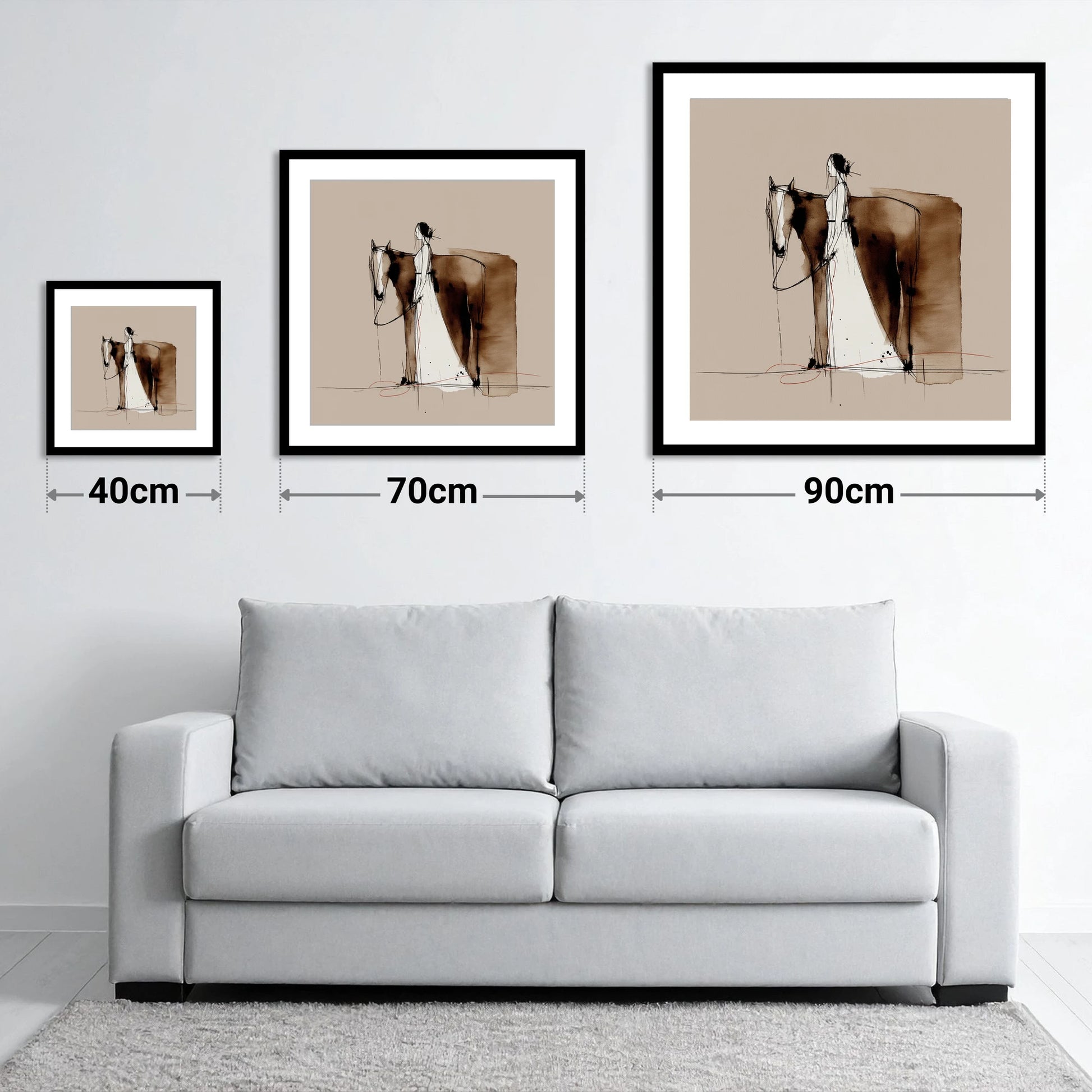 Silent Partnership - size guide showing 40cm, 70cm and 90cm art prints
