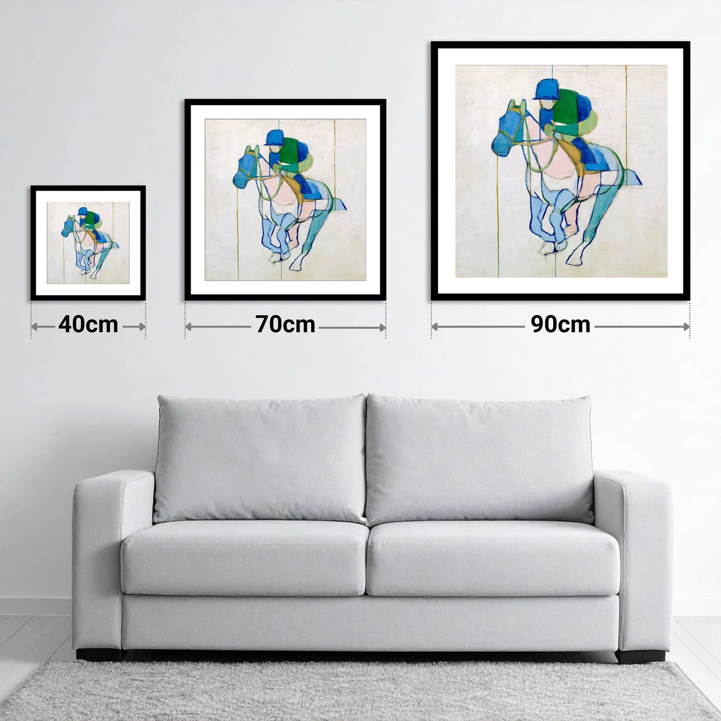 Architectural Racing Lines - size guide showing 40cm, 70cm and 90cm art prints