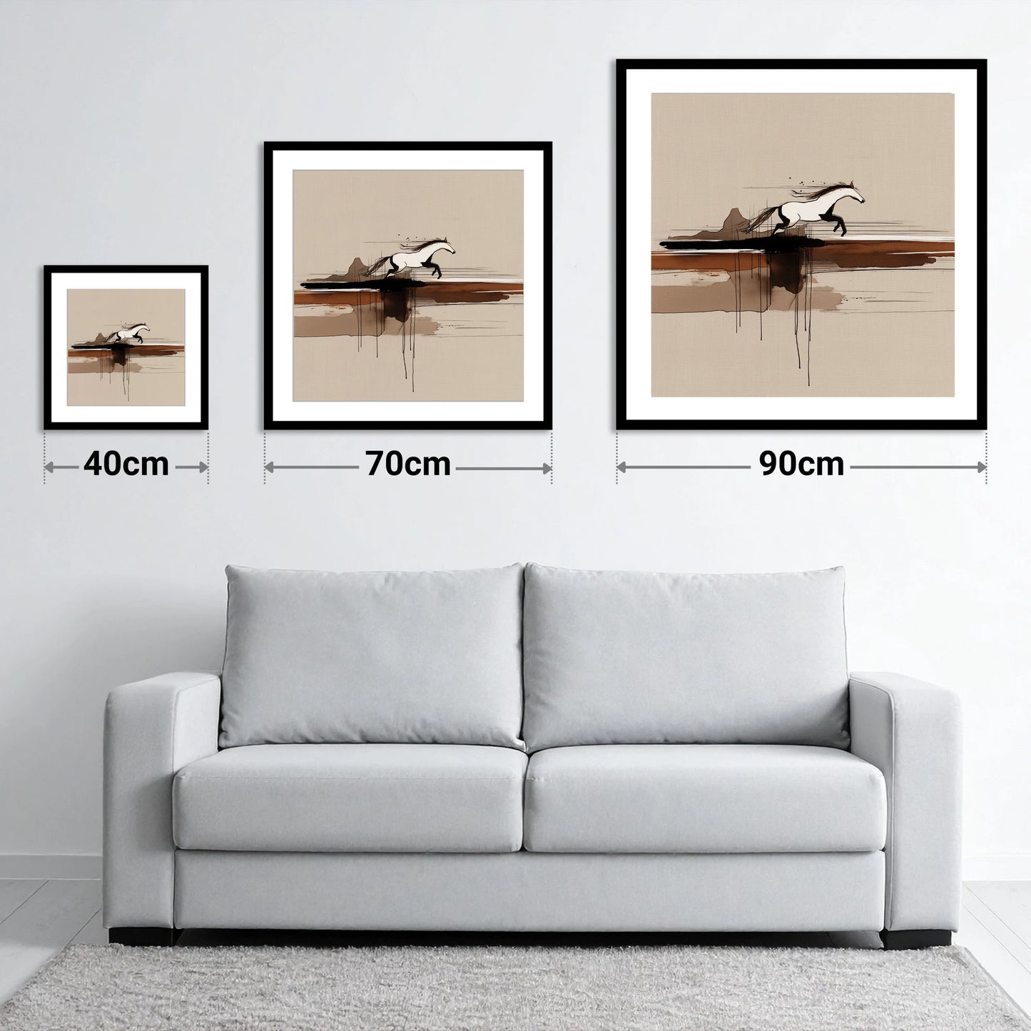 Horizon Bound - size guide showing 40cm, 70cm and 90cm art prints