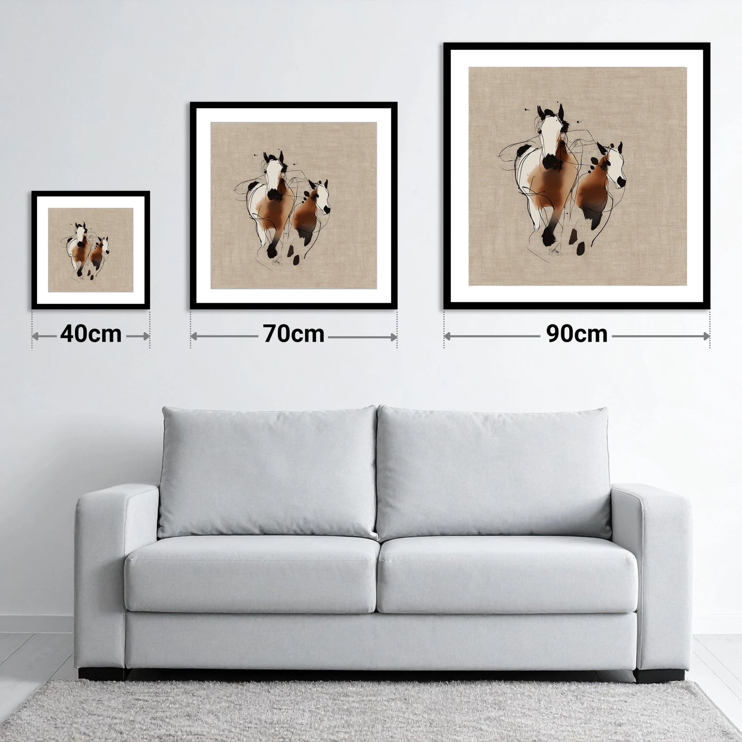 Bond In Motion - size guide showing 40cm, 70cm and 90cm art prints
