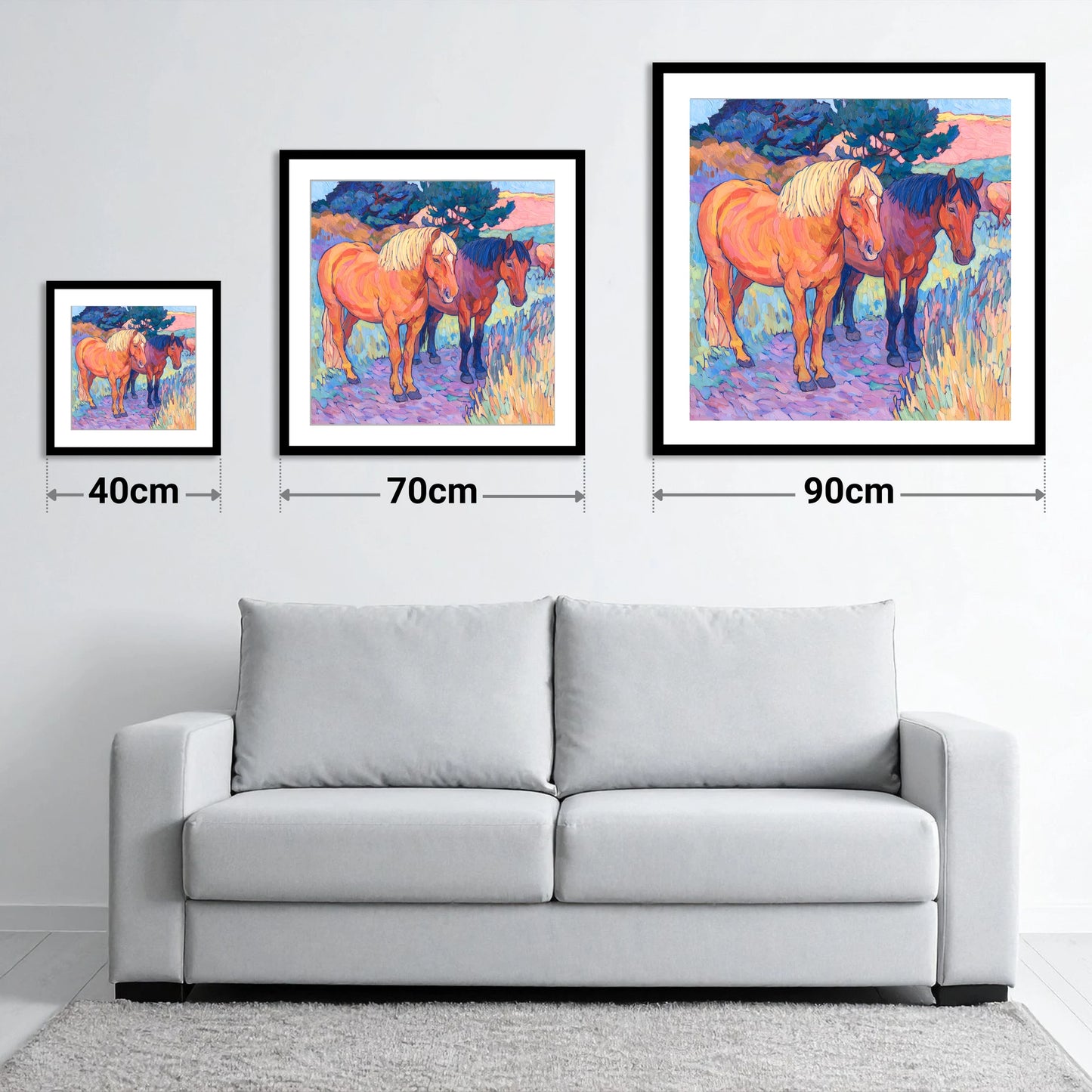 Sunset Pasture Companions - size guide showing 40cm, 70cm and 90cm art prints