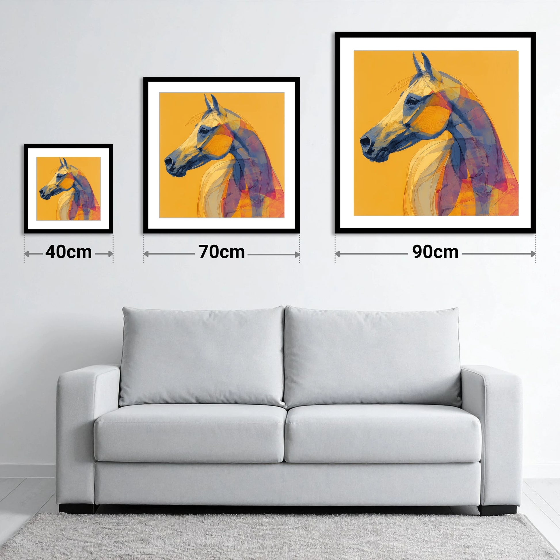 Cobalt and Gold Arabian - size guide showing 40cm, 70cm and 90cm art prints