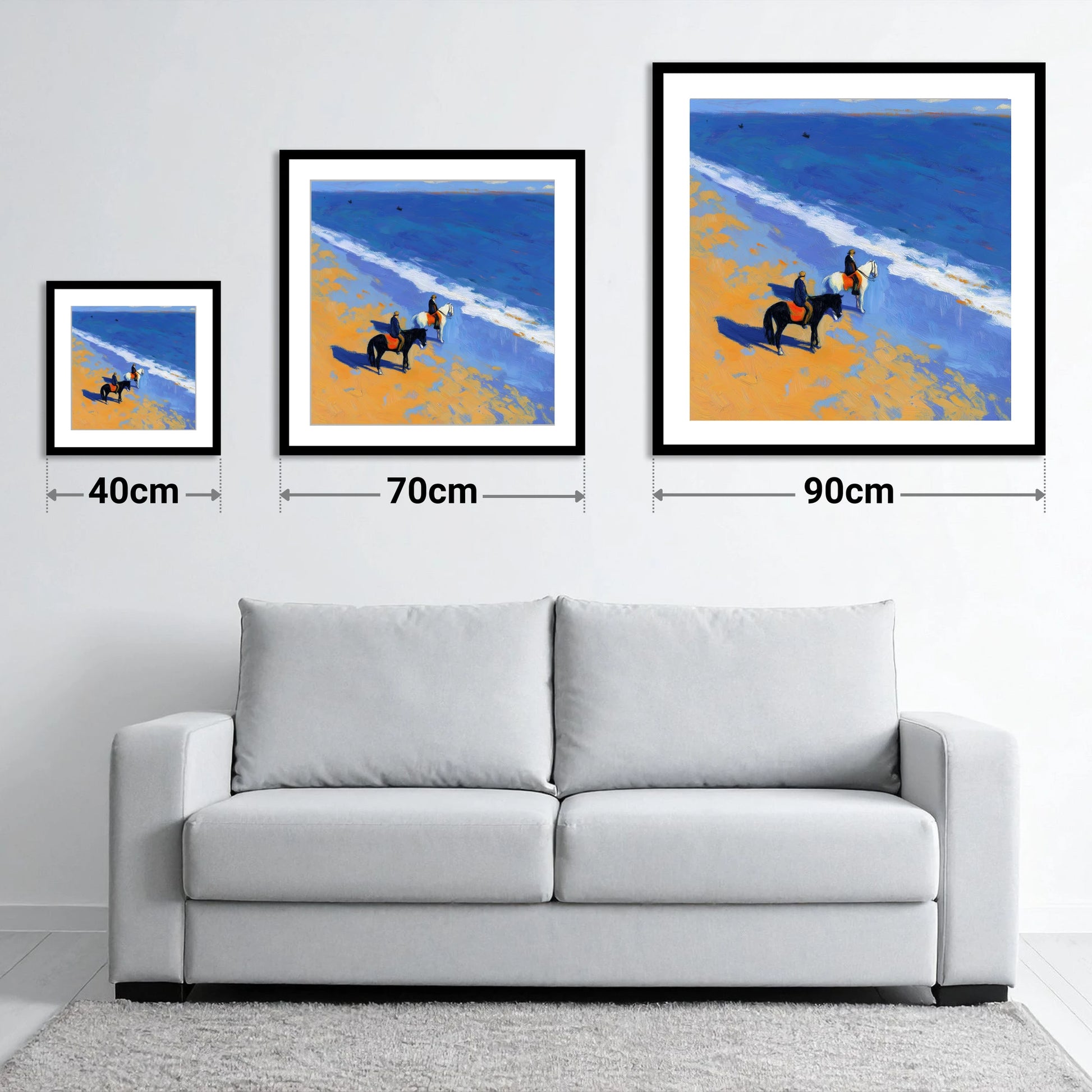 Sunlit Coastal Hack - size guide showing 40cm, 70cm and 90cm art prints