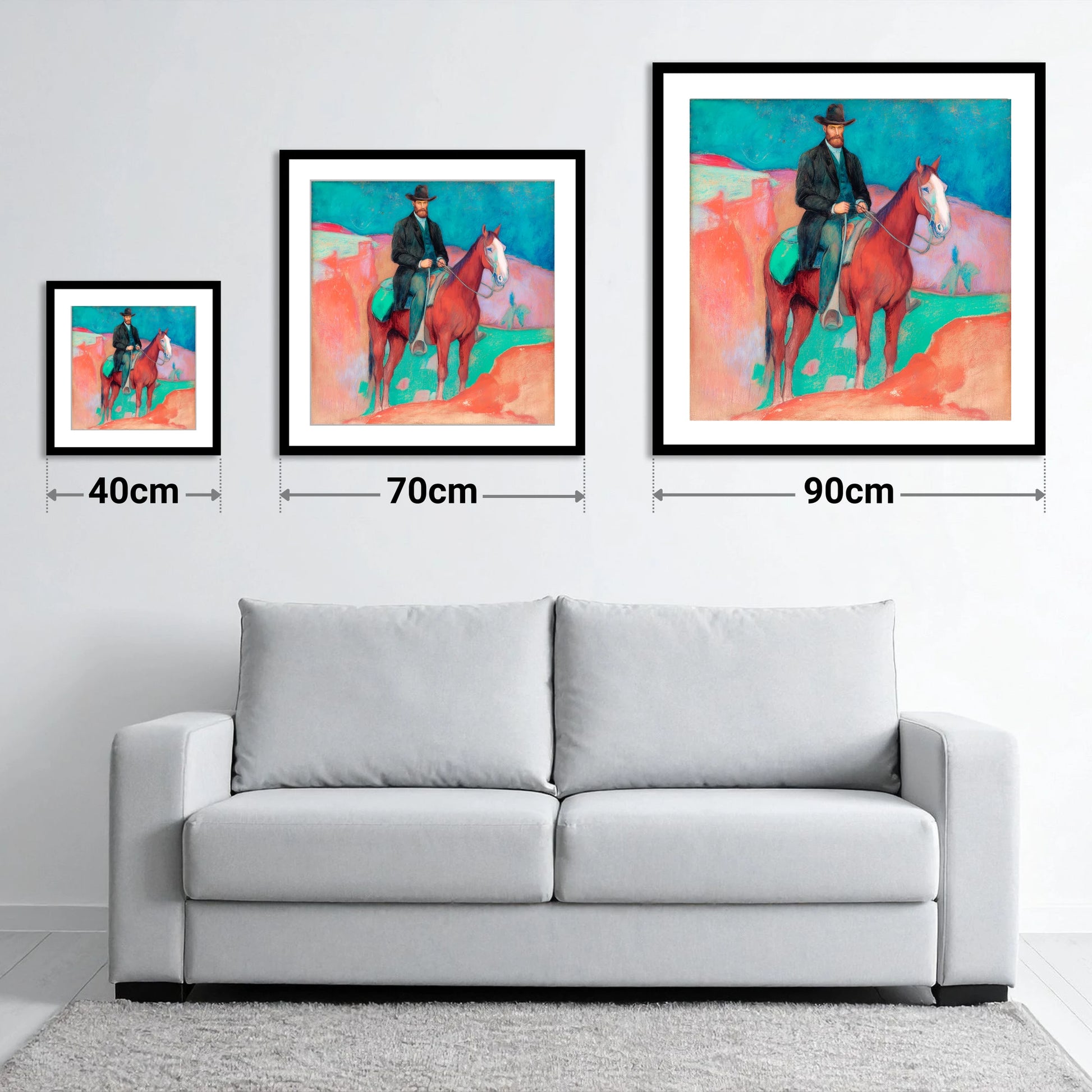 The Painted Frontier - size guide showing 40cm, 70cm and 90cm art prints