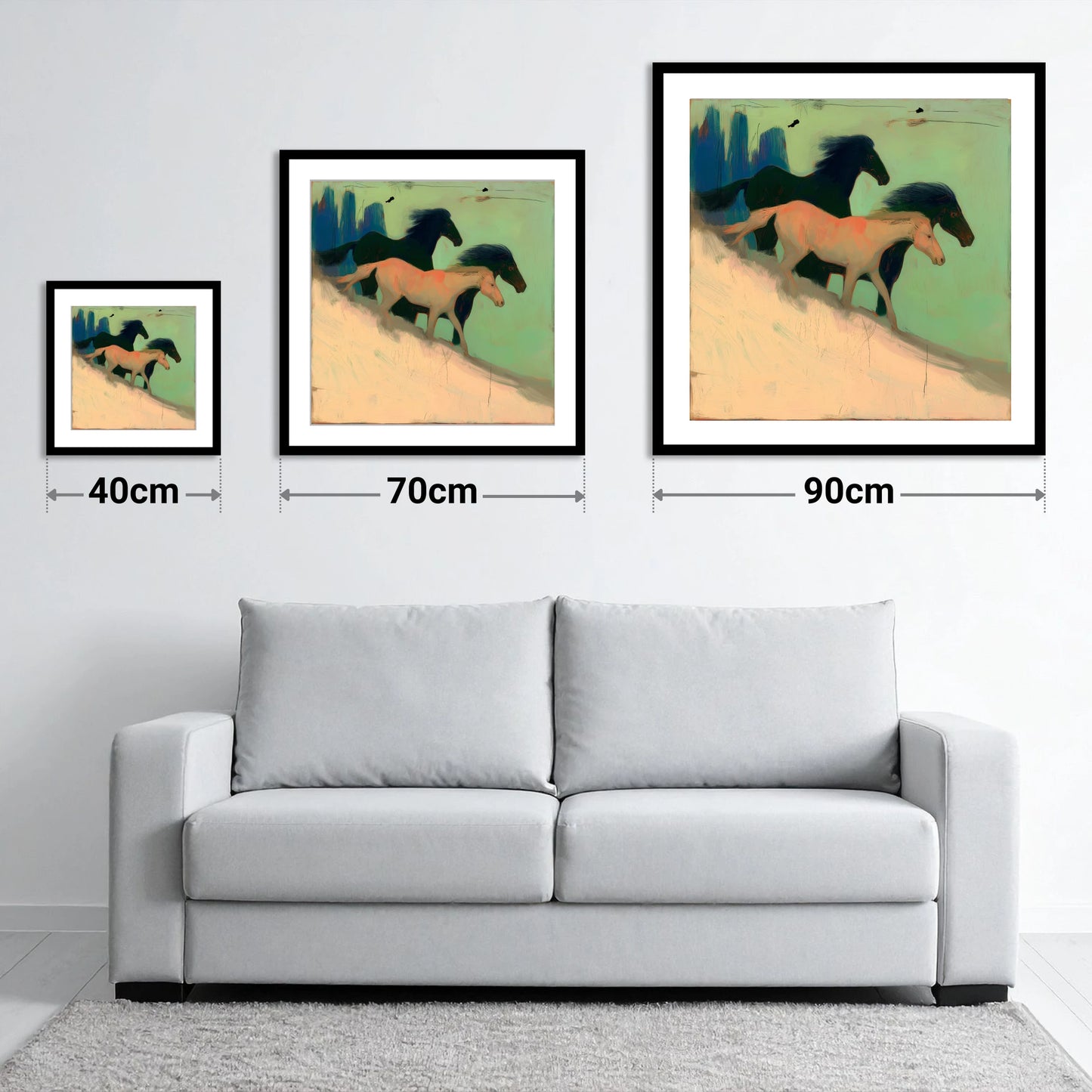 Shadows in the Sage - size guide showing 40cm, 70cm and 90cm art prints