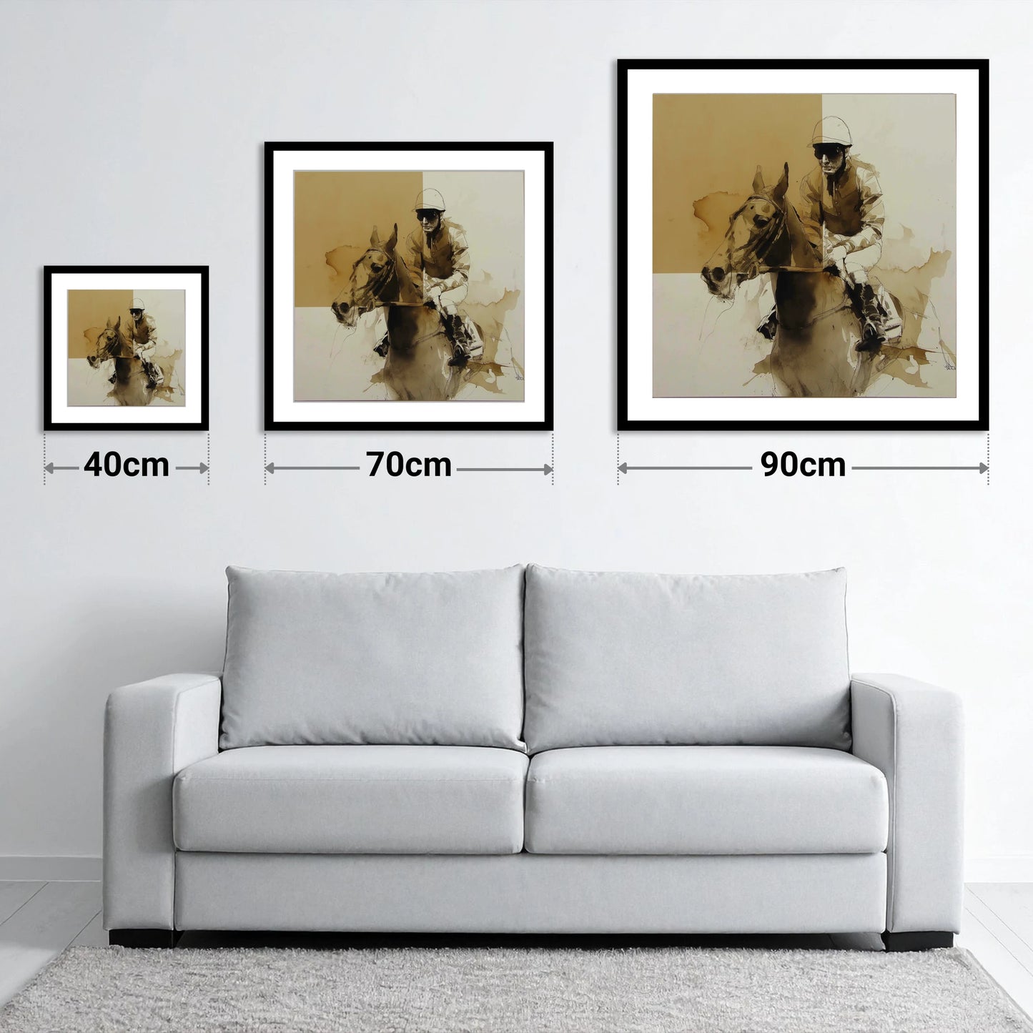 The Sepia Contender - size guide showing 40cm, 70cm and 90cm art prints