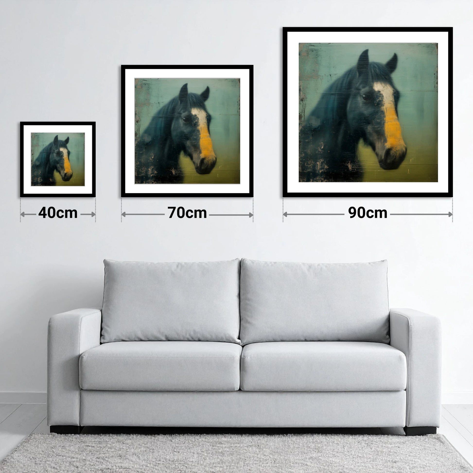 The Golden Blaze - size guide showing 40cm, 70cm and 90cm art prints