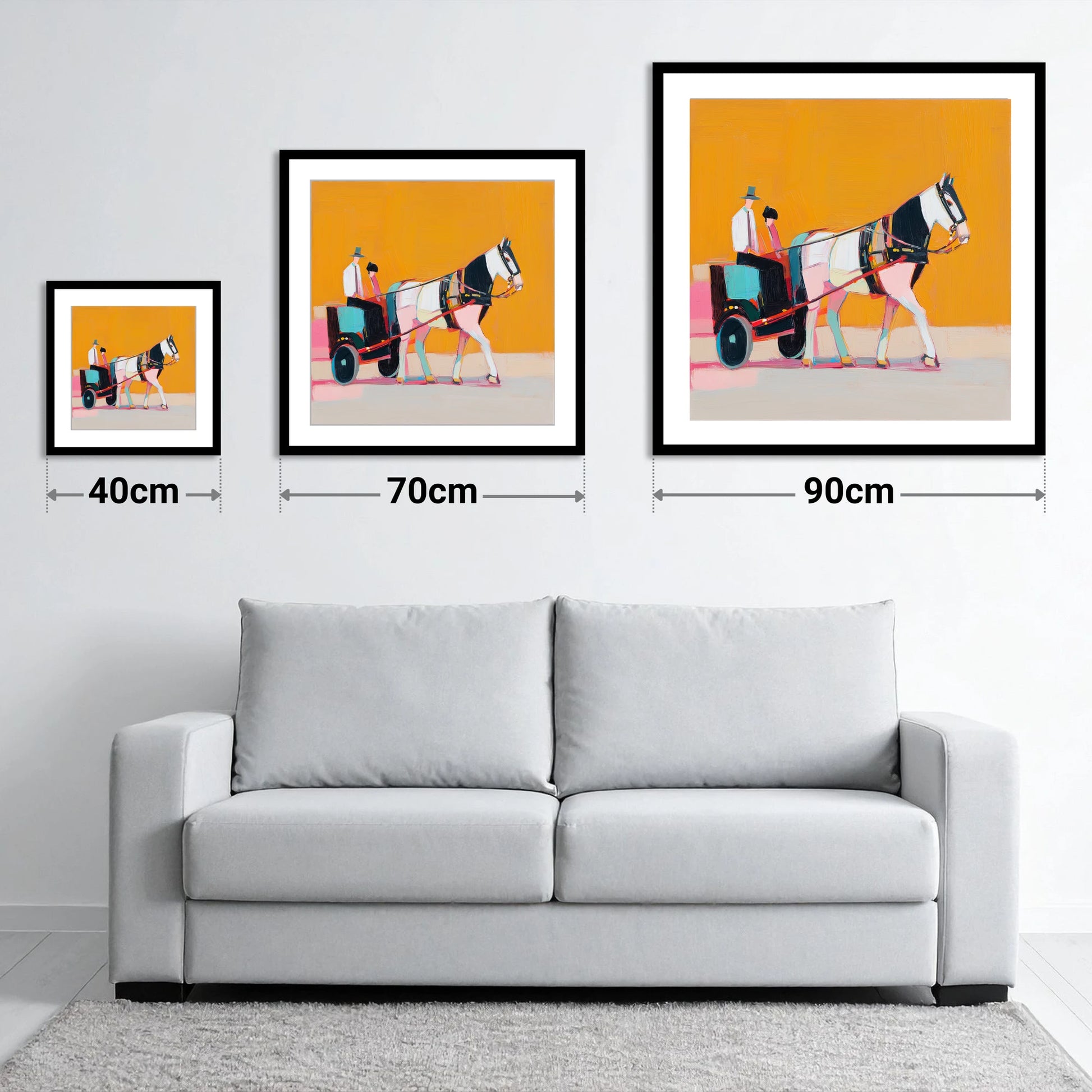 The Bright Turnout - size guide showing 40cm, 70cm and 90cm art prints
