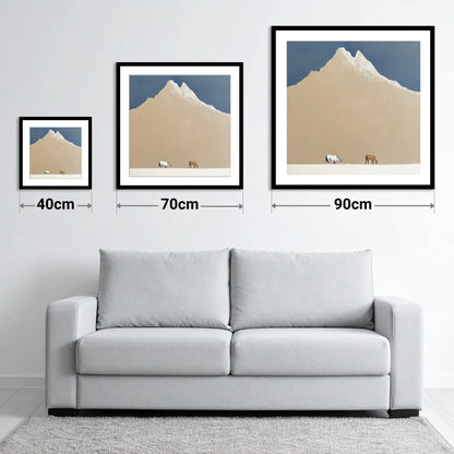 Beneath the Golden Peak - size guide showing 40cm, 70cm and 90cm art prints
