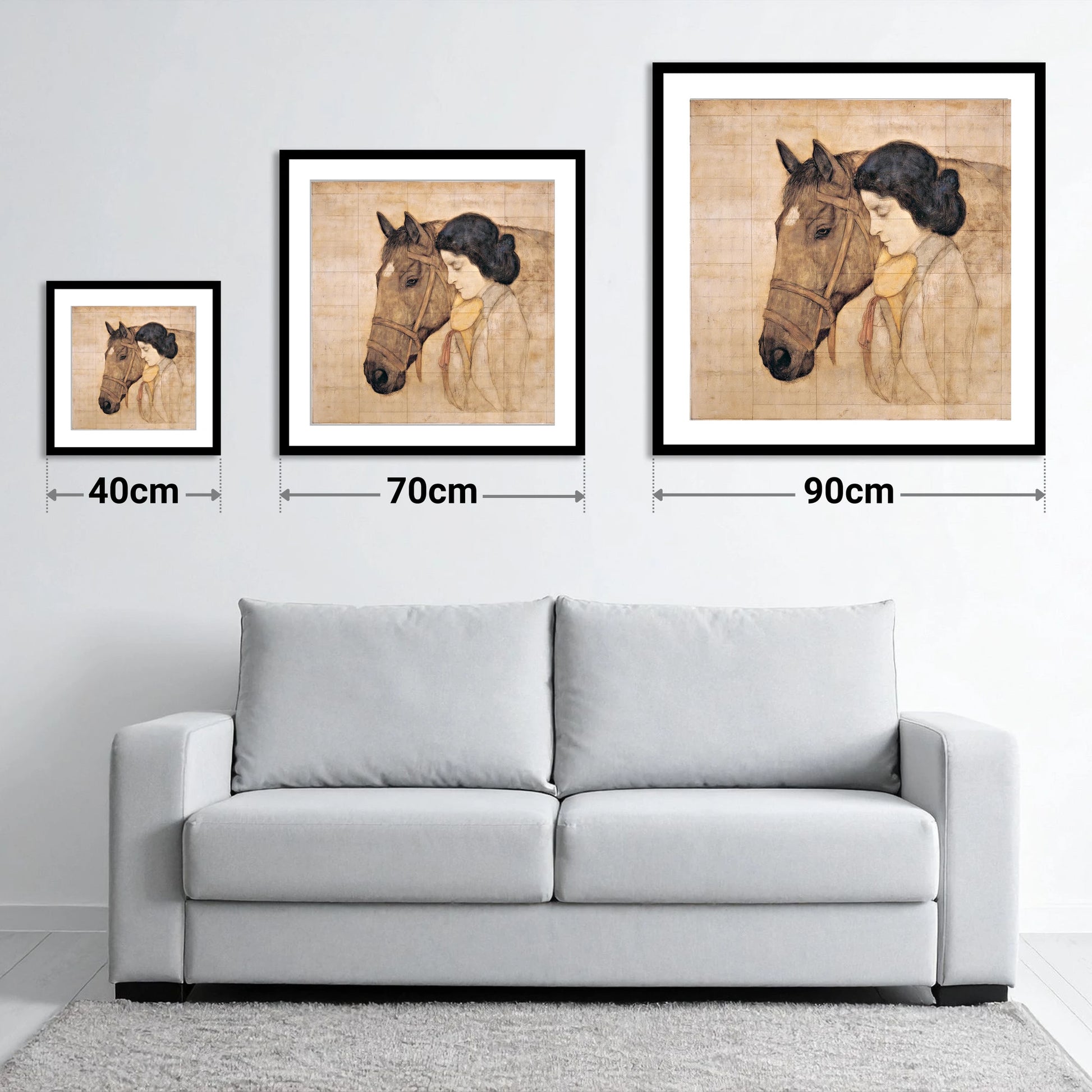 The Silent Bond - size guide showing 40cm, 70cm and 90cm art prints