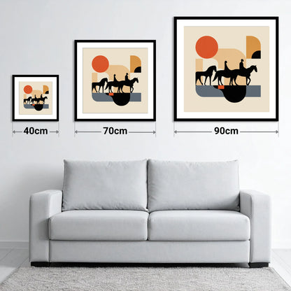 Retro Equine Trail - size guide showing 40cm, 70cm and 90cm art prints
