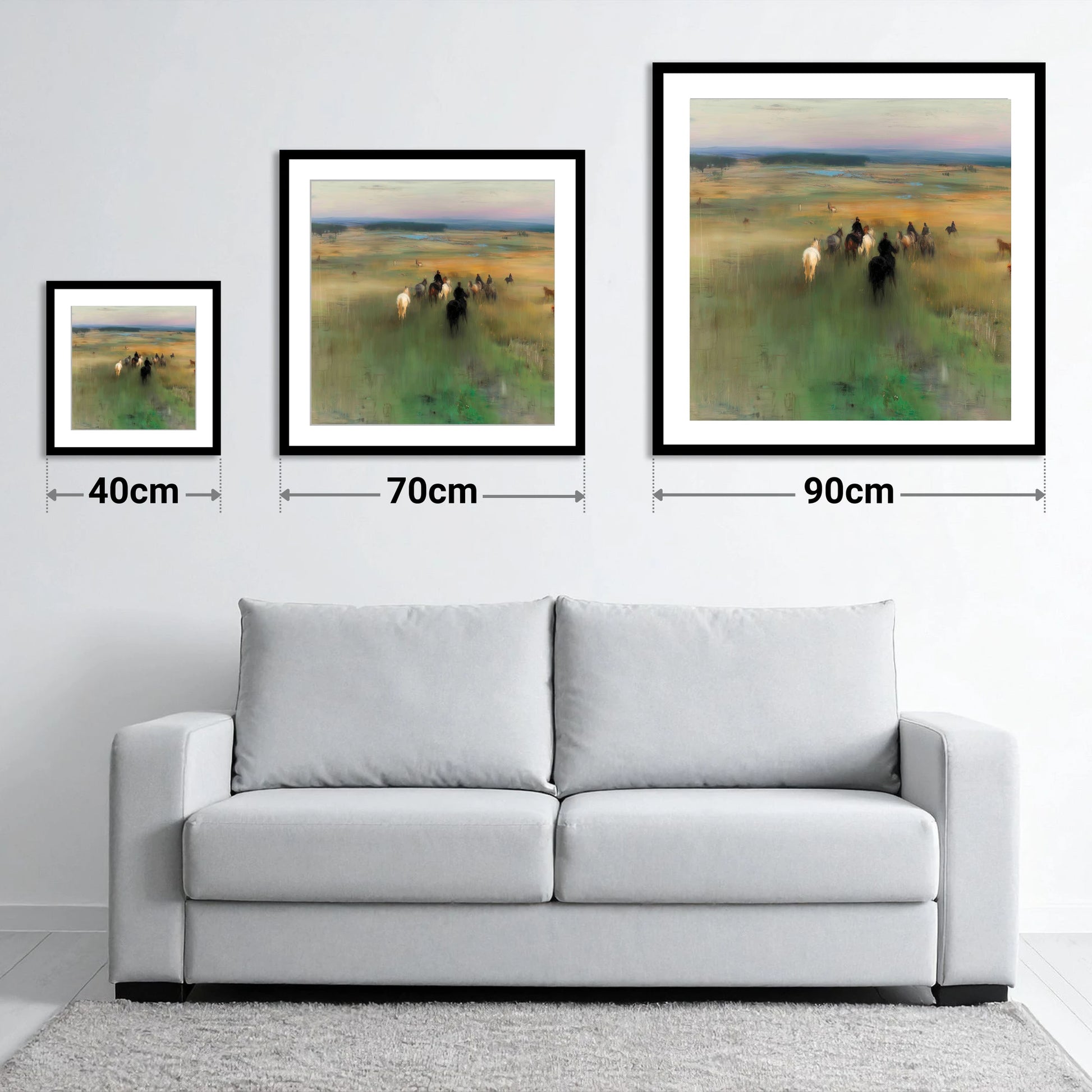 Riding Out - size guide showing 40cm, 70cm and 90cm art prints