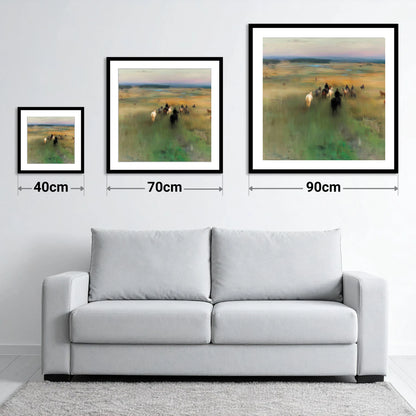 Riding Out - size guide showing 40cm, 70cm and 90cm art prints