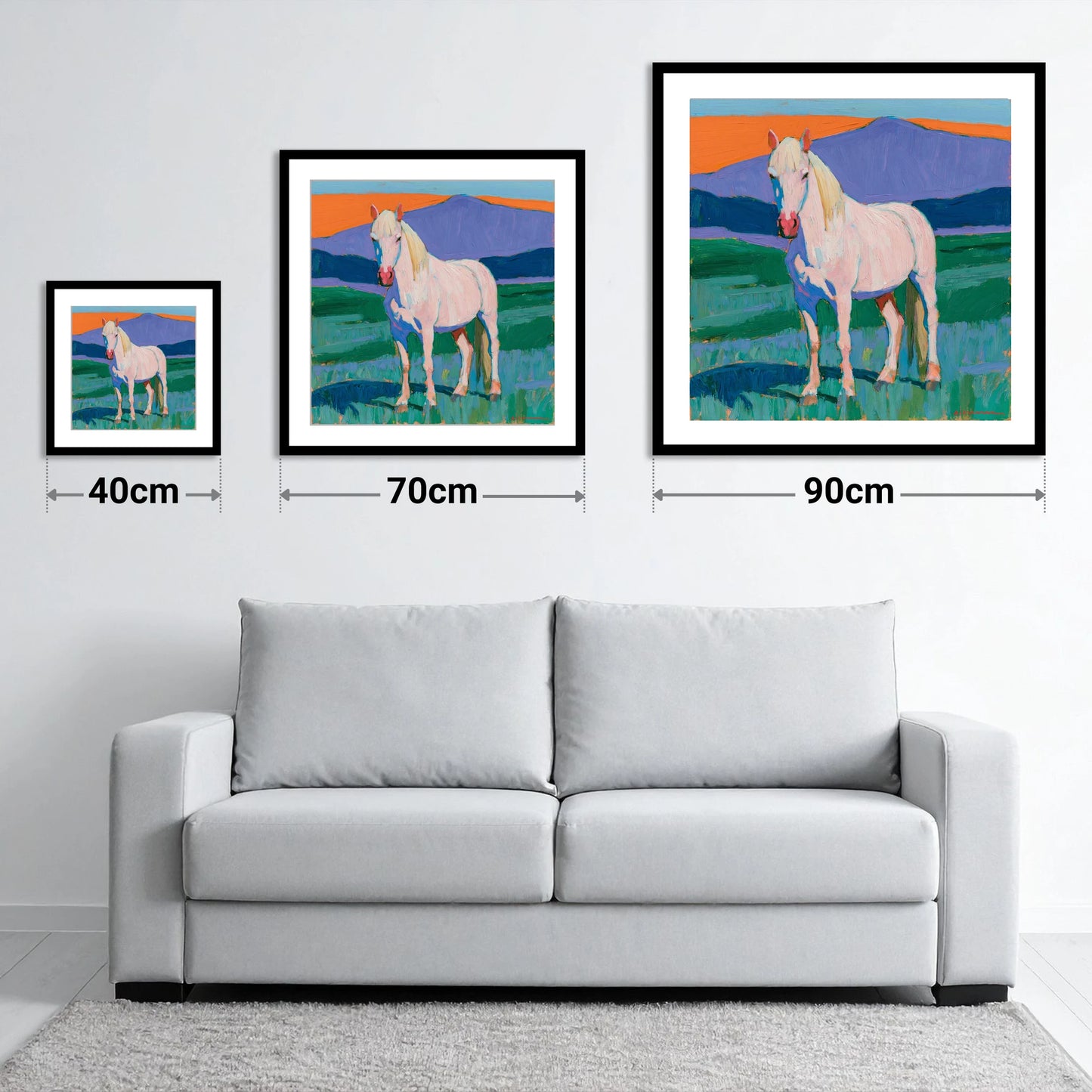 Grey Horse in Colourful Landscape - size guide showing 40cm, 70cm and 90cm art prints