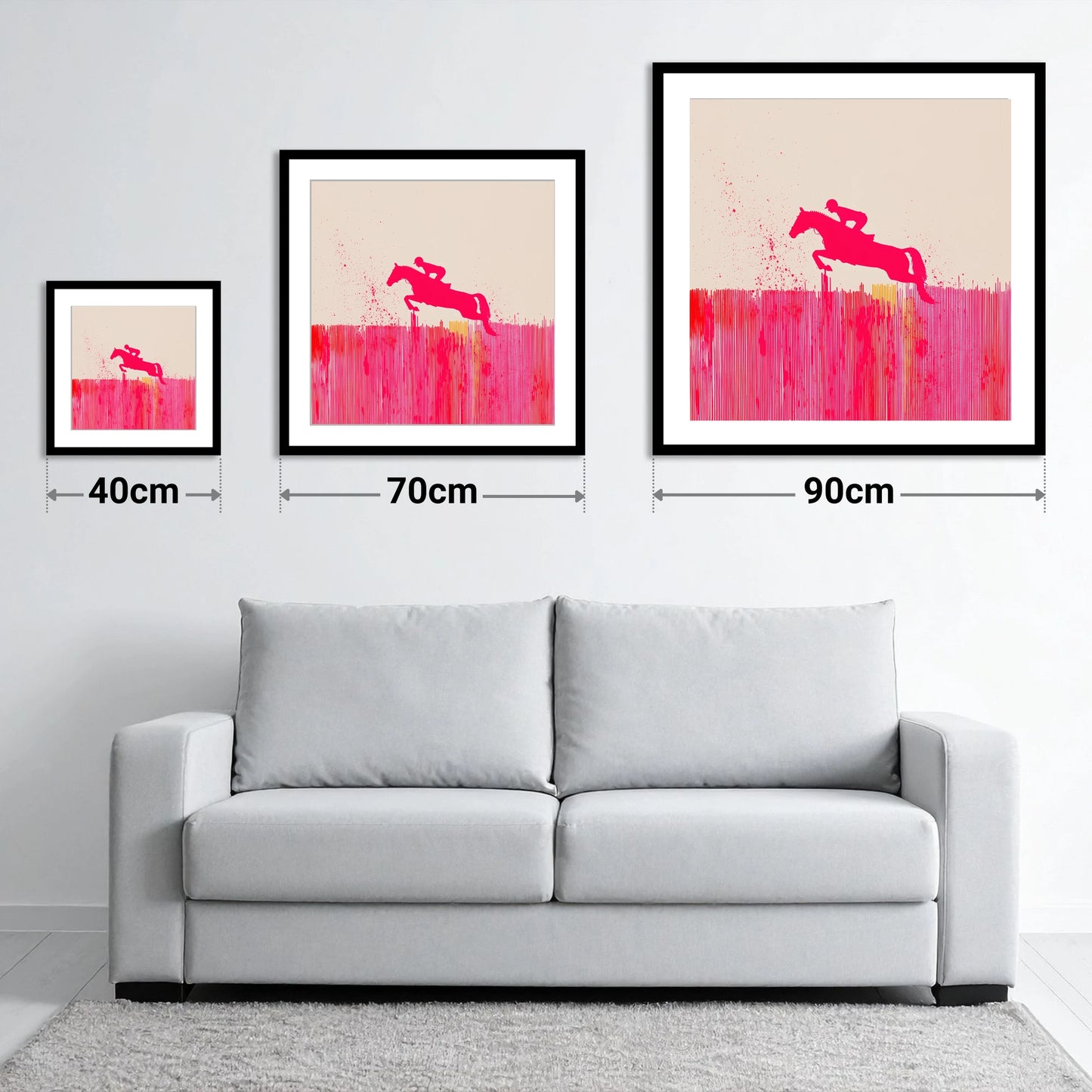 Vibrant Magenta Leap - size guide showing 40cm, 70cm and 90cm art prints