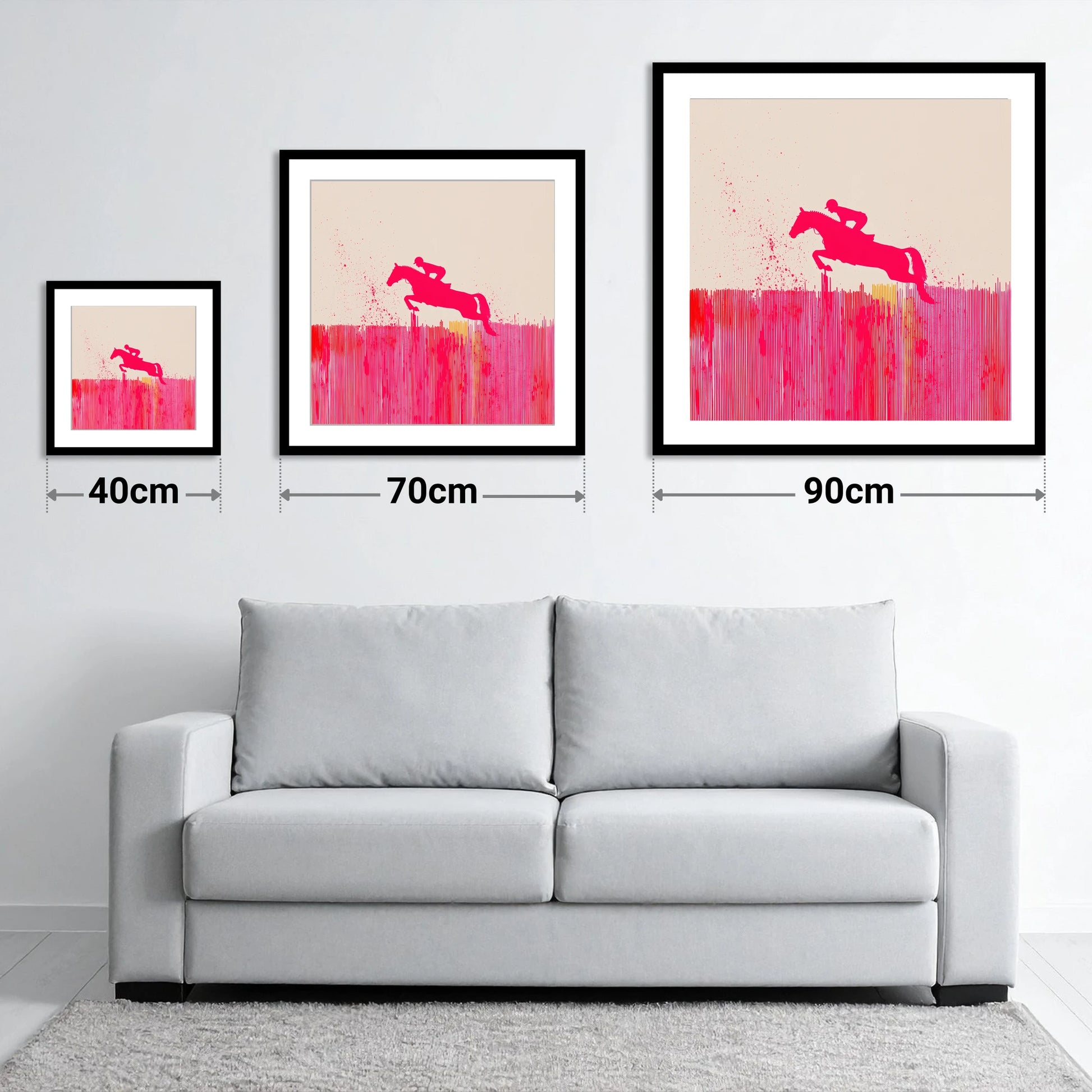 Vibrant Magenta Leap - size guide showing 40cm, 70cm and 90cm art prints