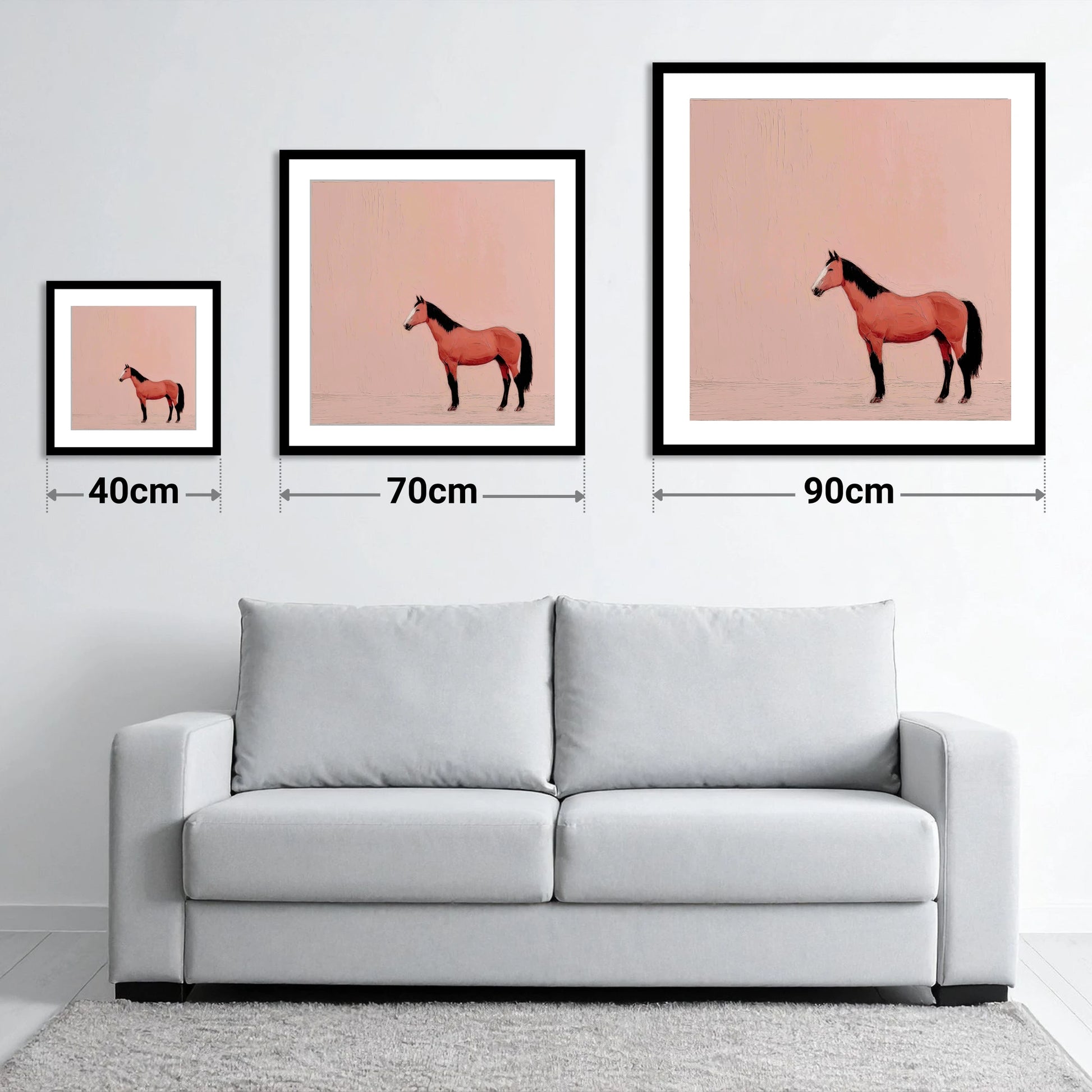 Serene Bay Contender - size guide showing 40cm, 70cm and 90cm art prints