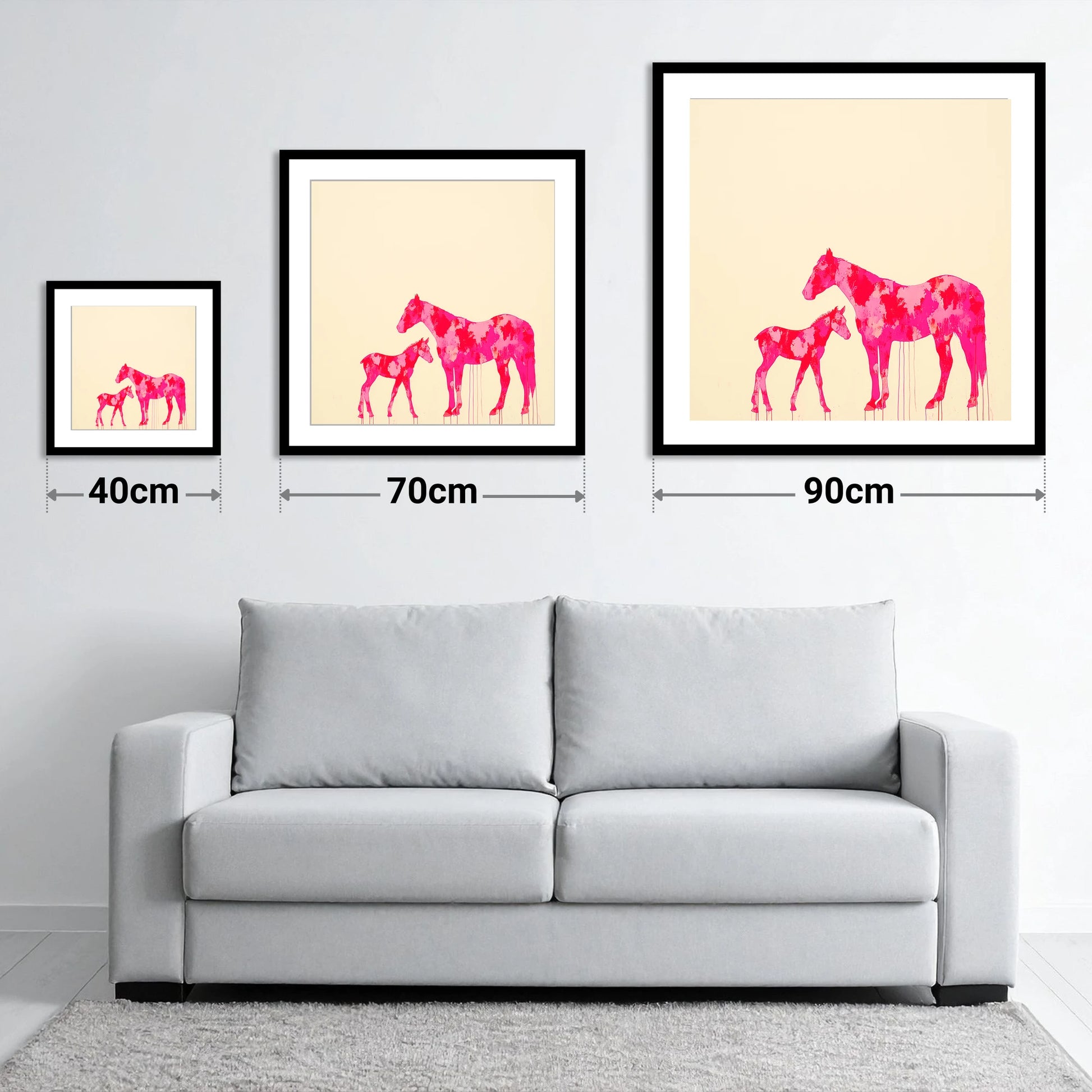 Magenta Mare and Foal - size guide showing 40cm, 70cm and 90cm art prints