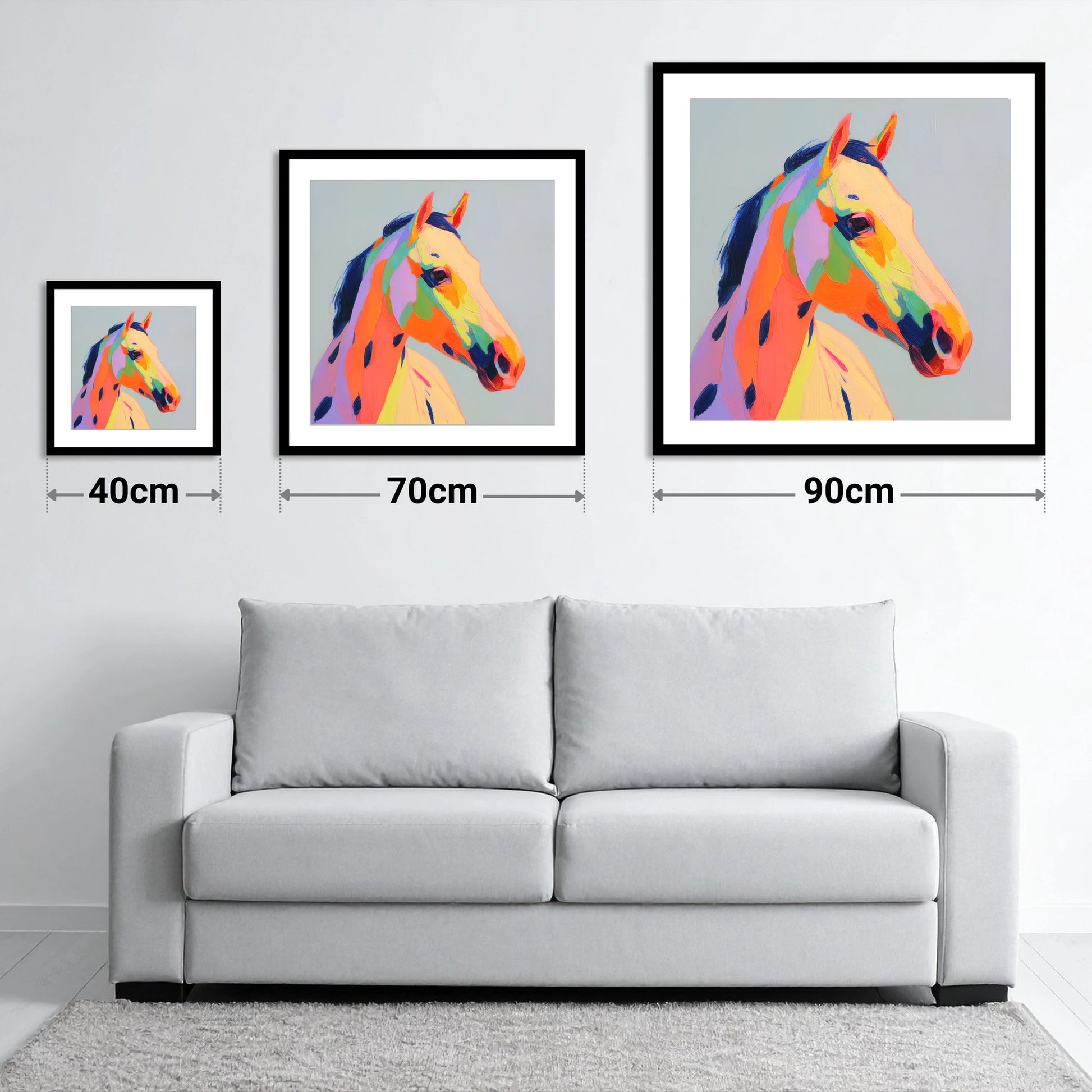 Technicolour Spirit - size guide showing 40cm, 70cm and 90cm art prints
