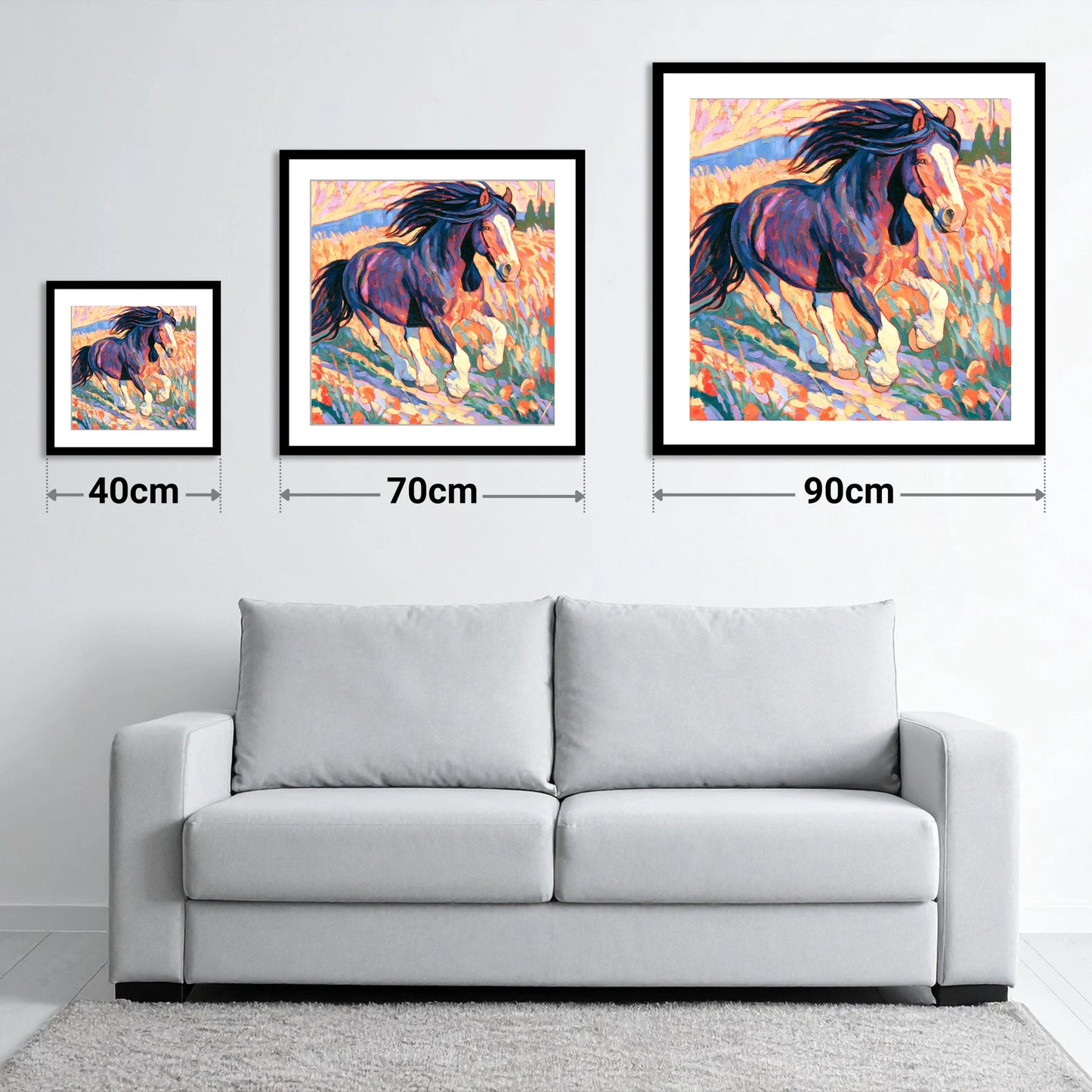 Colourful Cantering Heavy Horse - size guide showing 40cm, 70cm and 90cm art prints