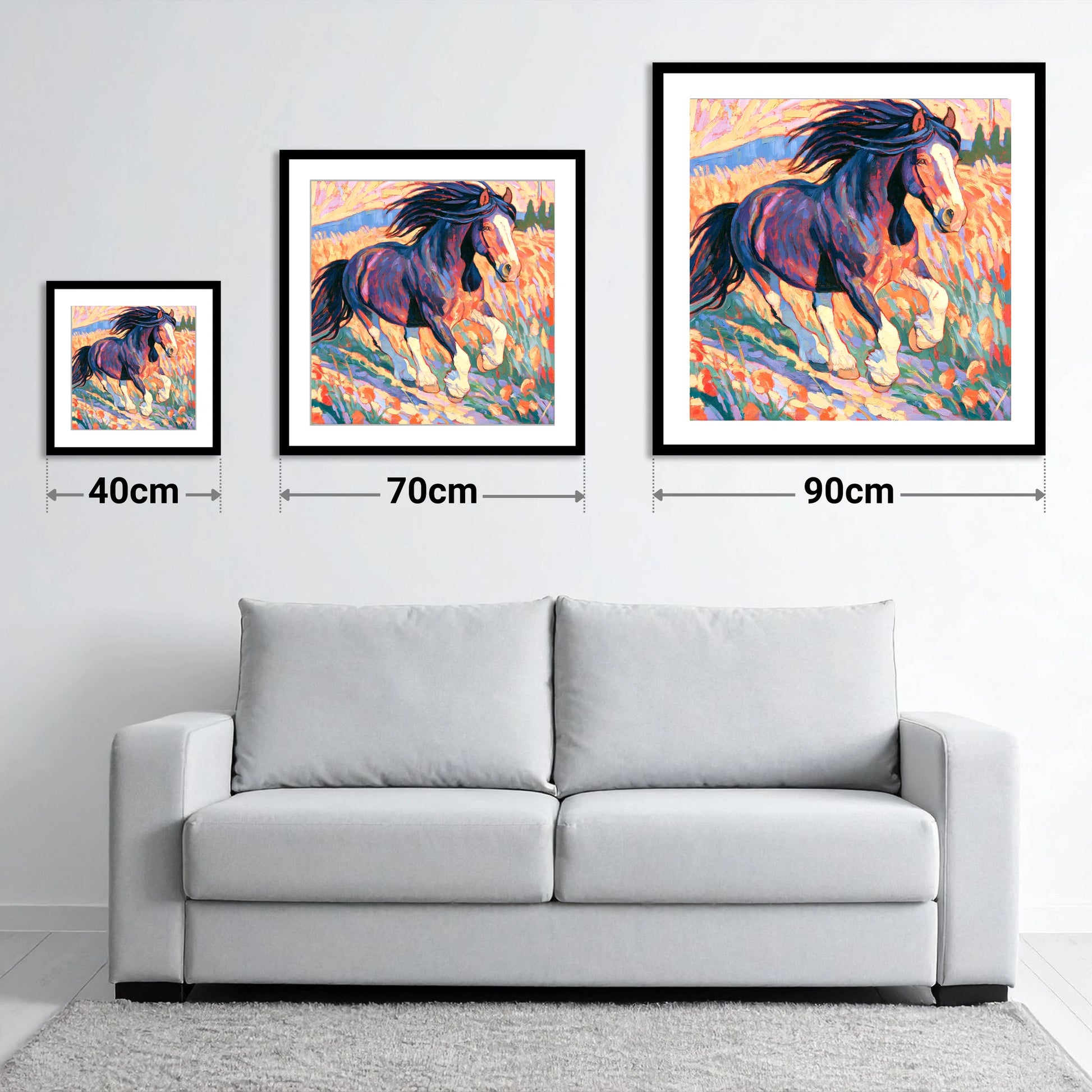 Colourful Cantering Heavy Horse - size guide showing 40cm, 70cm and 90cm art prints