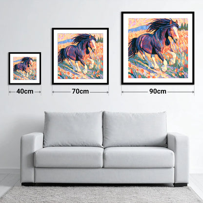 Colourful Cantering Heavy Horse - size guide showing 40cm, 70cm and 90cm art prints