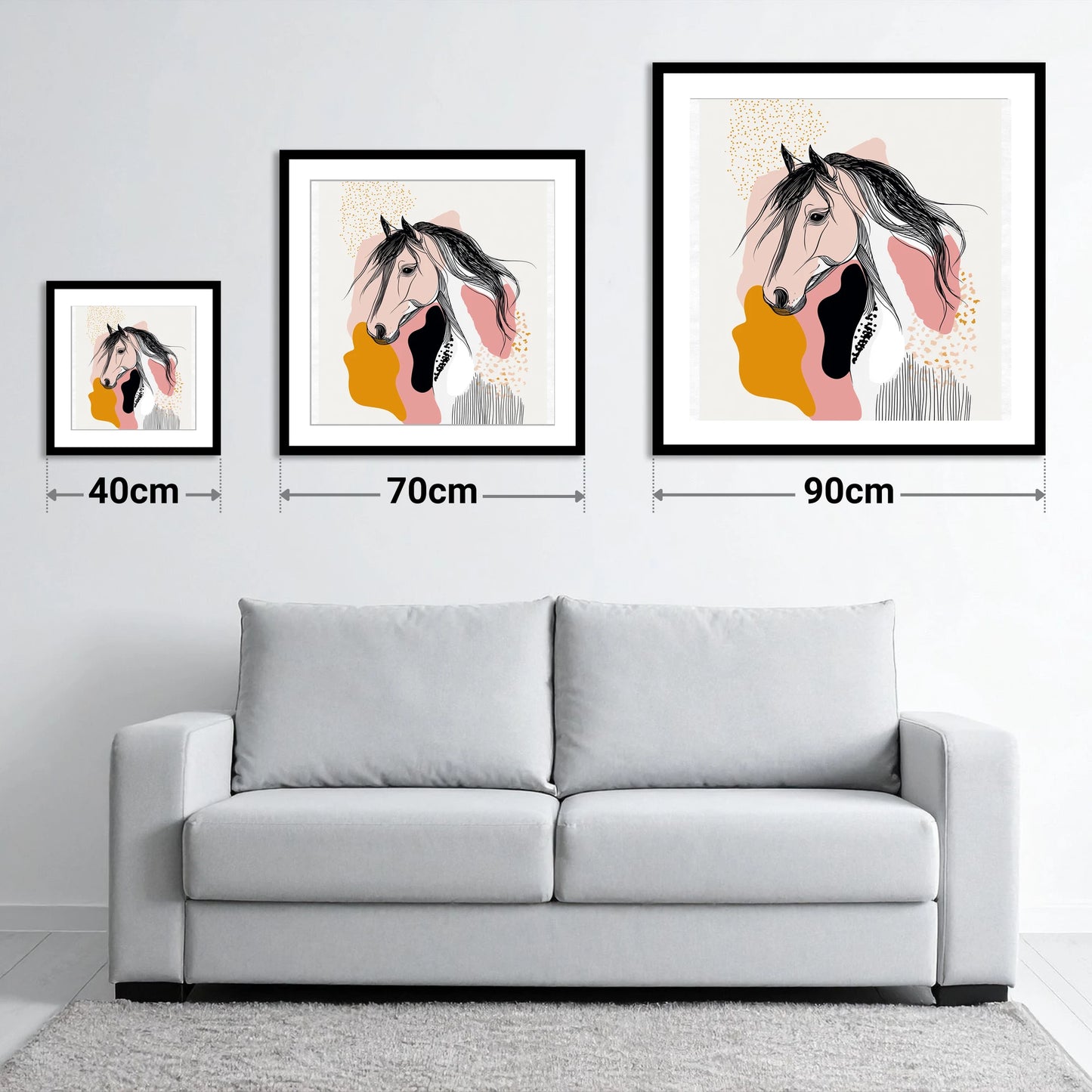 Graphic Equine Elegance - size guide showing 40cm, 70cm and 90cm art prints