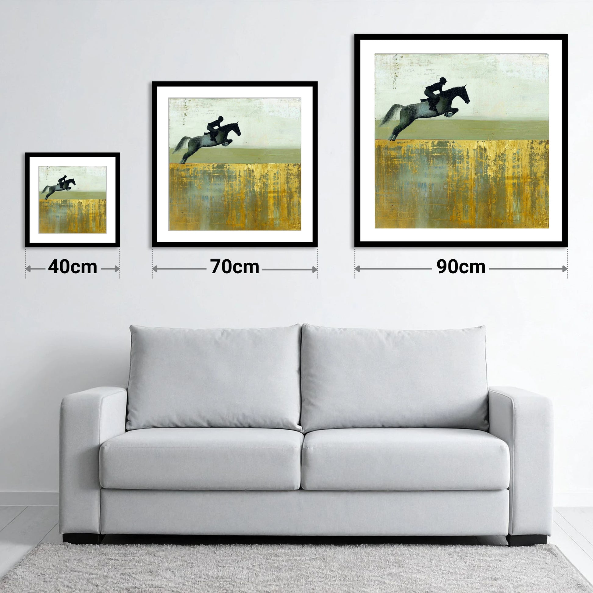 Golden Momentum - size guide showing 40cm, 70cm and 90cm art prints