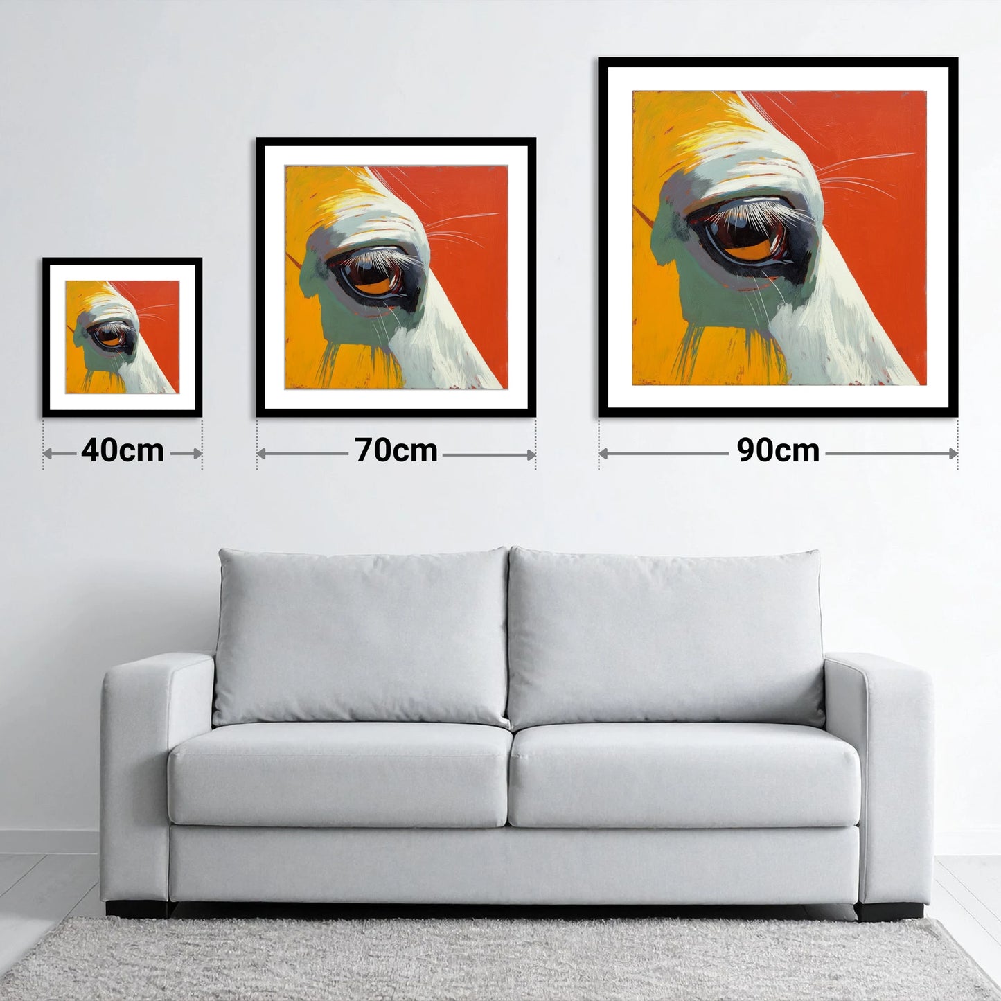 The Amber Gaze - size guide showing 40cm, 70cm and 90cm art prints