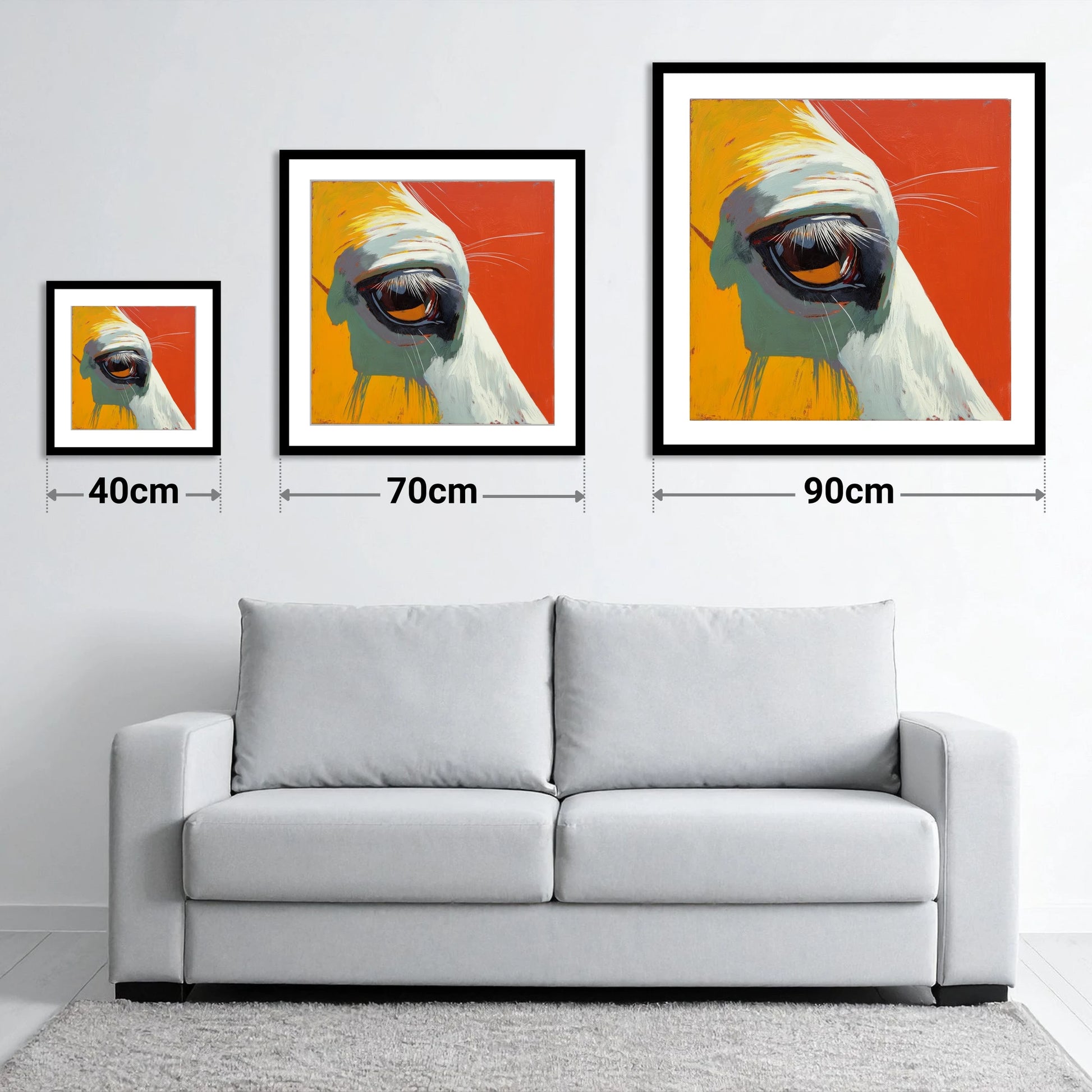 The Amber Gaze - size guide showing 40cm, 70cm and 90cm art prints