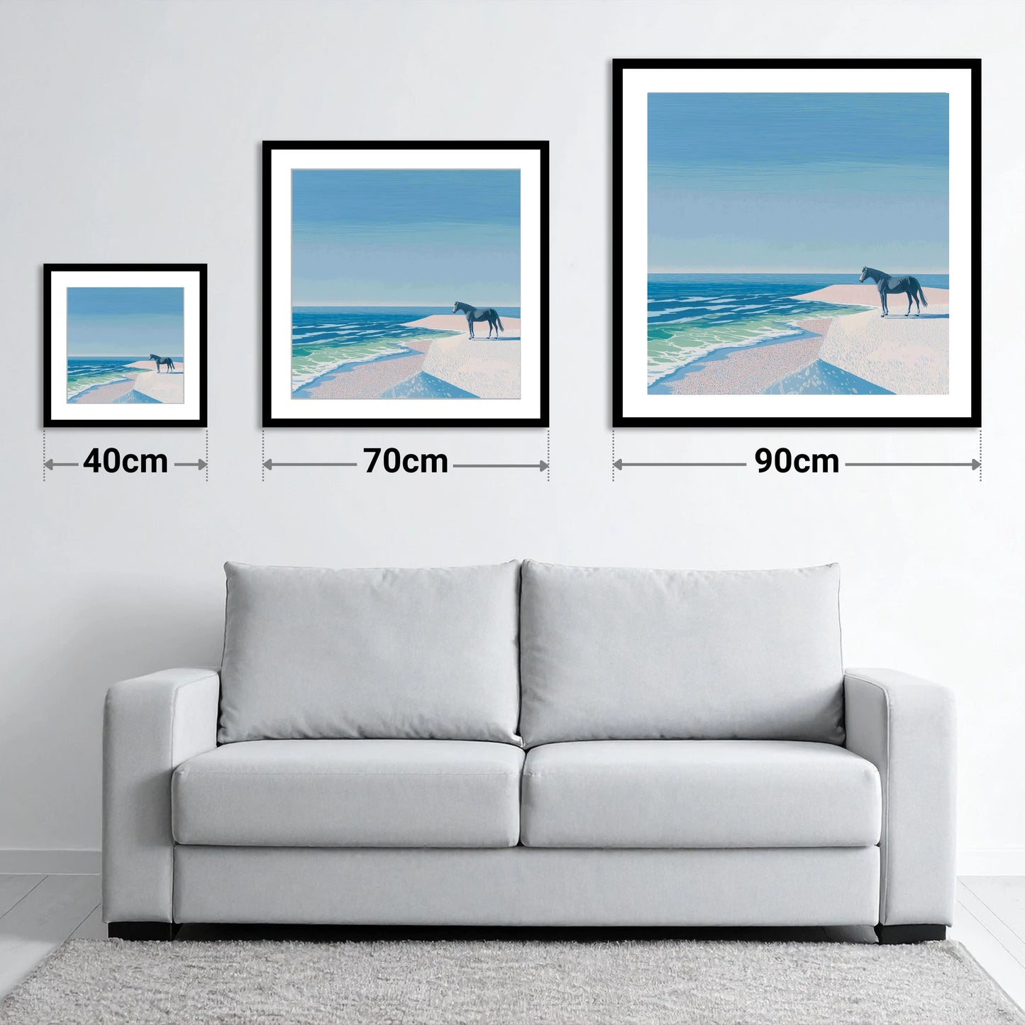 Coastal Solitude - size guide showing 40cm, 70cm and 90cm art prints